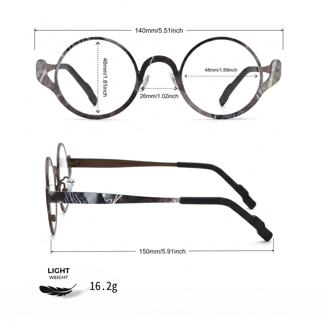 Barledear Smoky Cocoa eyeglasses size chart showing 140mm frame width, 48mm lens width, 46mm lens height, 26mm bridge width, and 150mm temple length