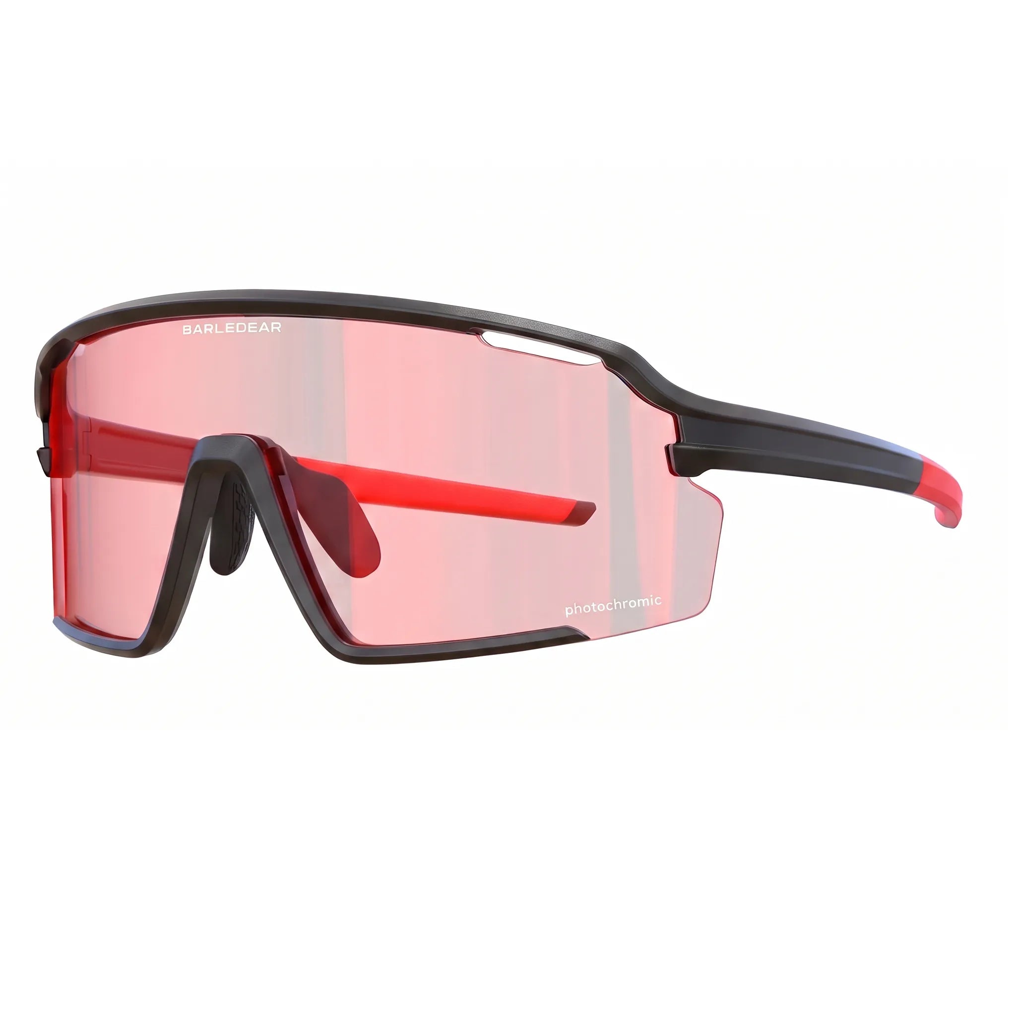 Barledear Solar Ember Red photochromic cycling glasses in a three-quarter white-background view with a black-and-red frame, light red shield lens, and wraparound sports profile.