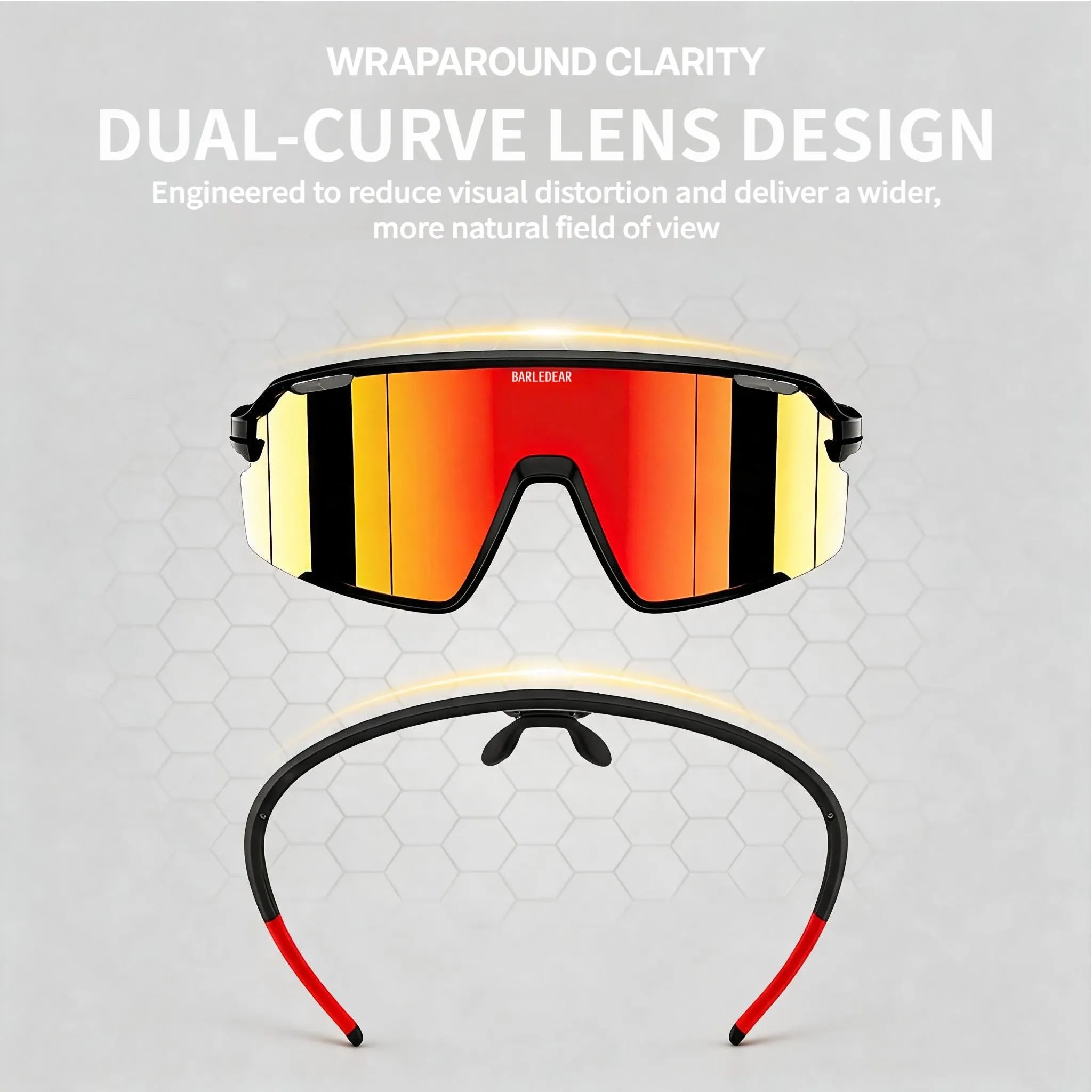 Front and top views of Barledear Solar Ember Red wraparound cycling glasses illustrating the dual-curve shield, wide field of view, and reduced edge distortion design.