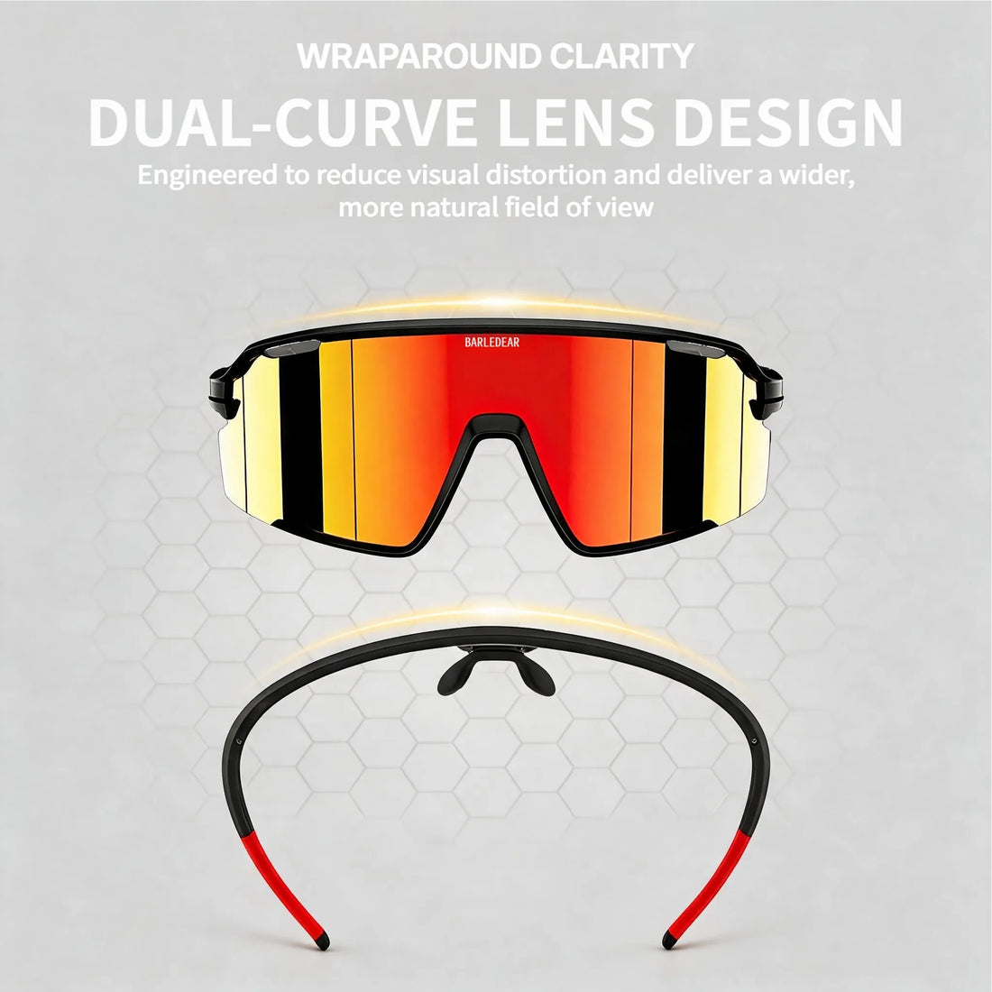 Front and top views of Barledear Solar Ember Red wraparound cycling glasses illustrating the dual-curve shield, wide field of view, and reduced edge distortion design.