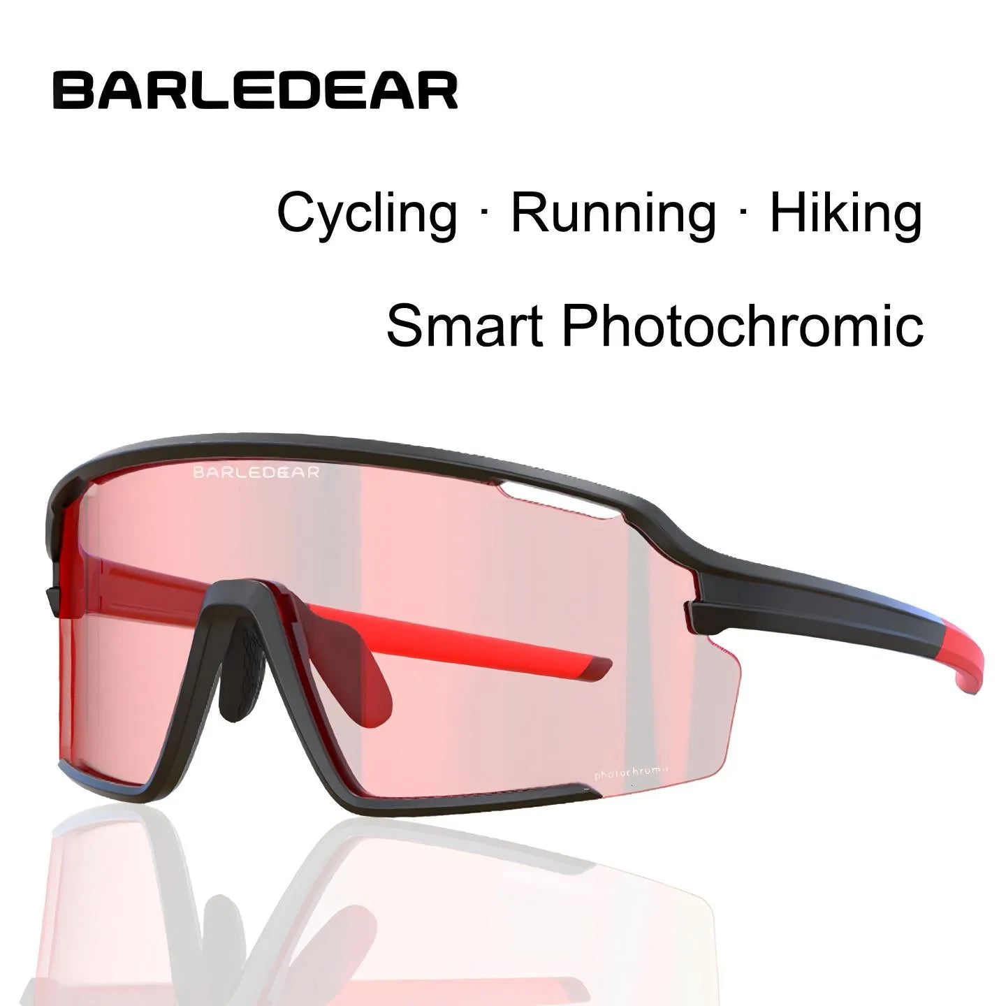 Barledear Solar Ember Red photochromic cycling glasses feature graphic highlighting UV-responsive tint, UV400 coverage, a wide shield lens, secure fit, and RX insert compatibility.