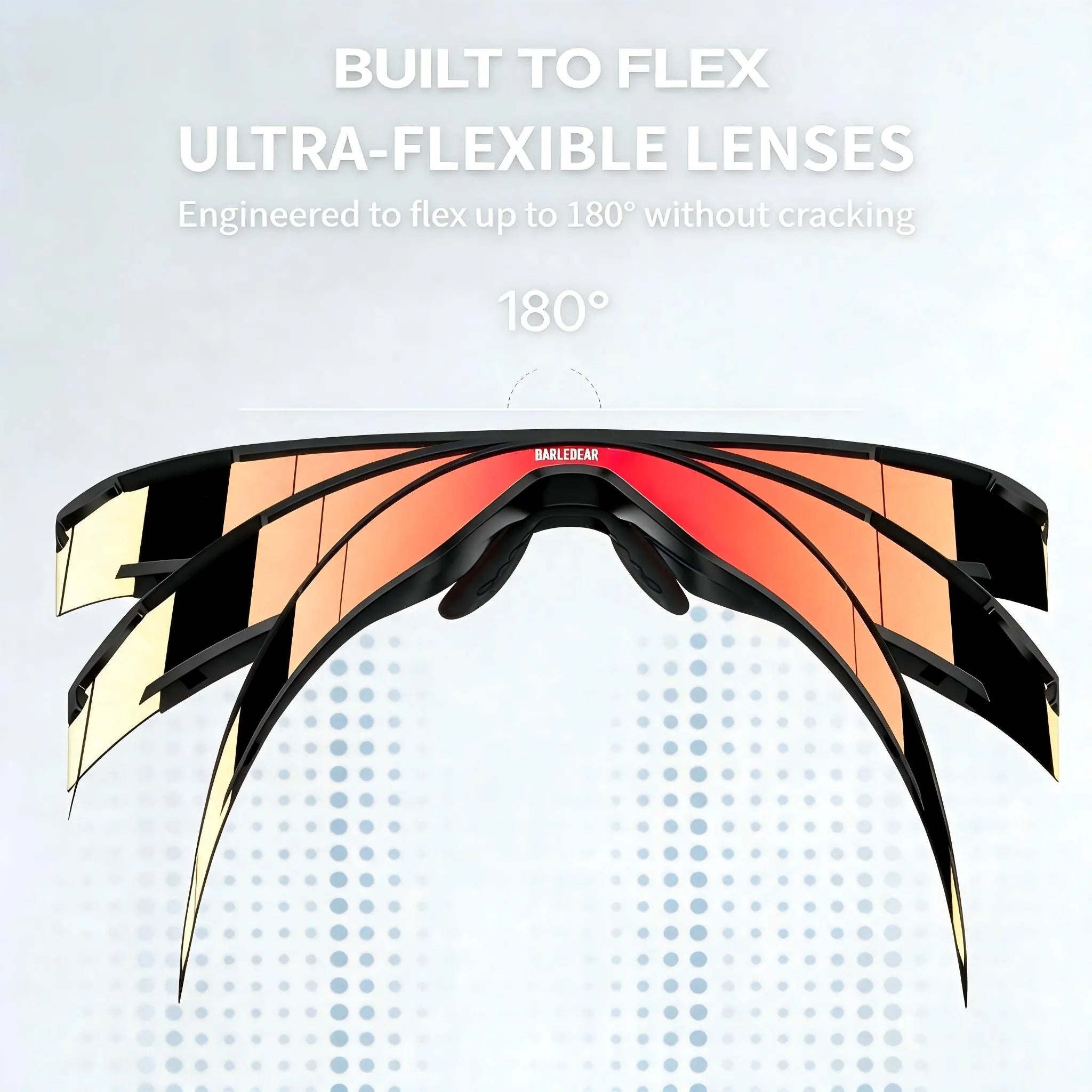 Product demonstration of the Barledear Solar Ember Red flexible PC shield lens shown bending through a wide arc for active-use durability.