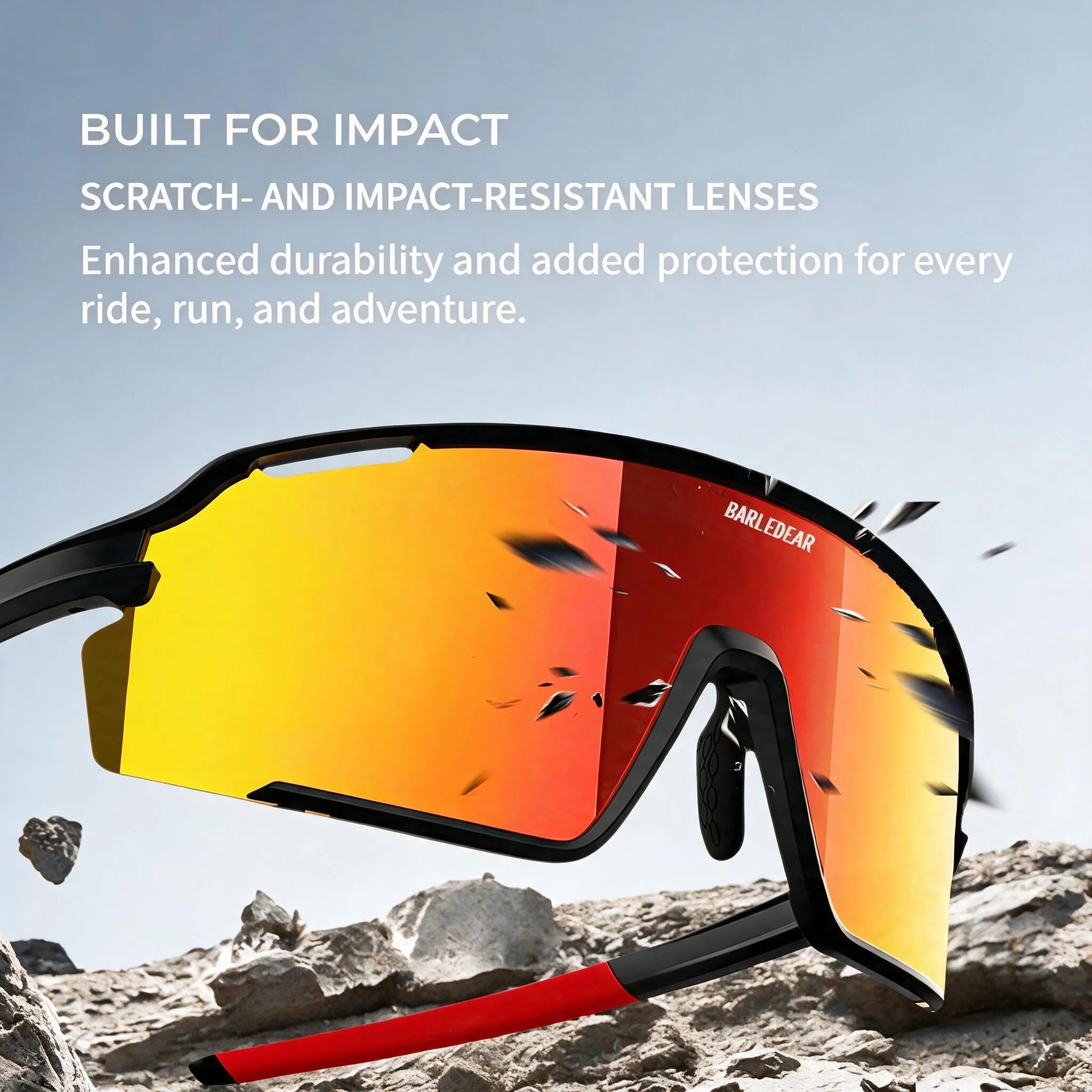 Close-up of the Barledear Solar Ember Red PC shield cycling lens demonstrating scratch- and impact-resistant construction for riding, running, and hiking.