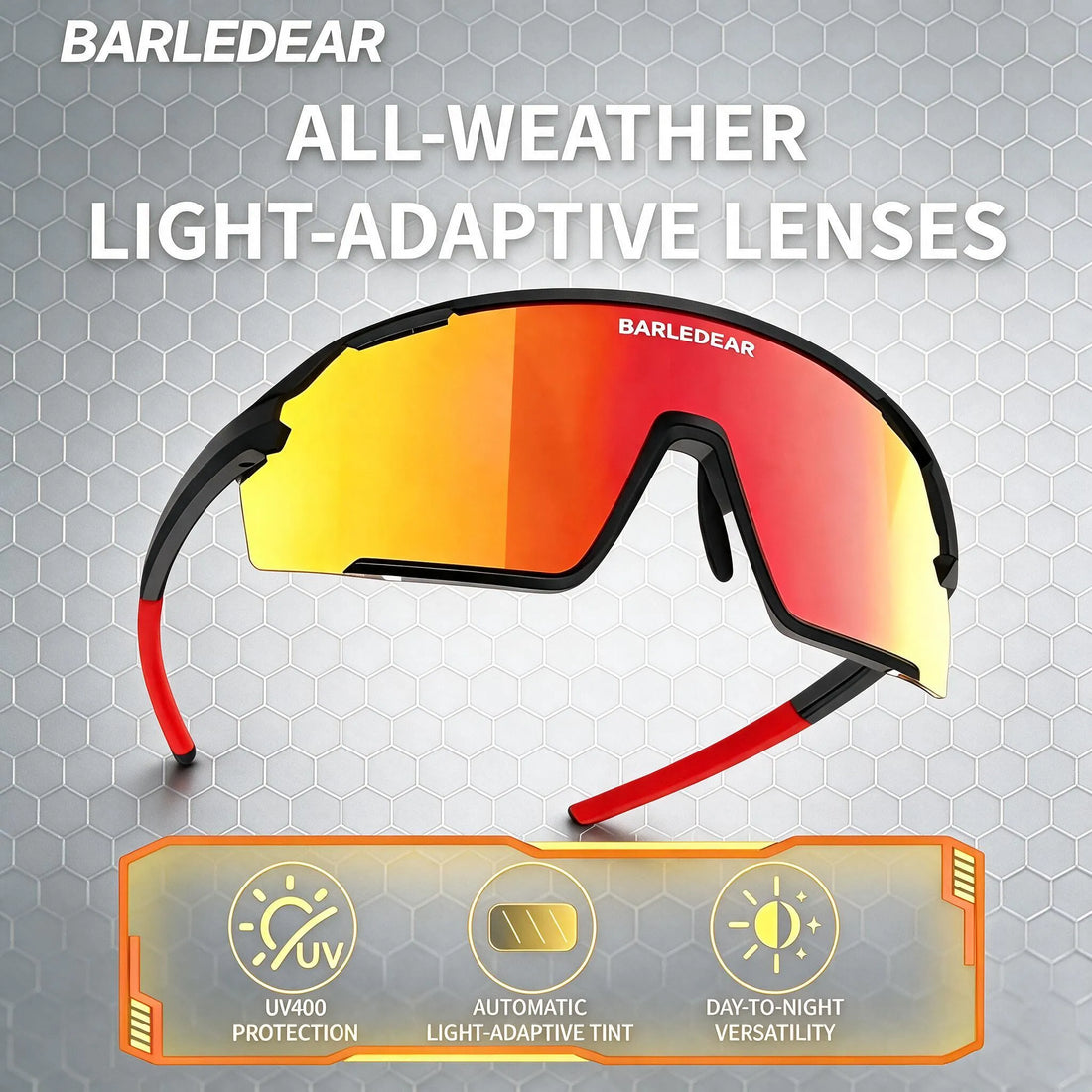 Barledear Solar Ember Red photochromic cycling glasses feature graphic showing UV400 protection, automatic light-adaptive tint, and use across changing outdoor light conditions.