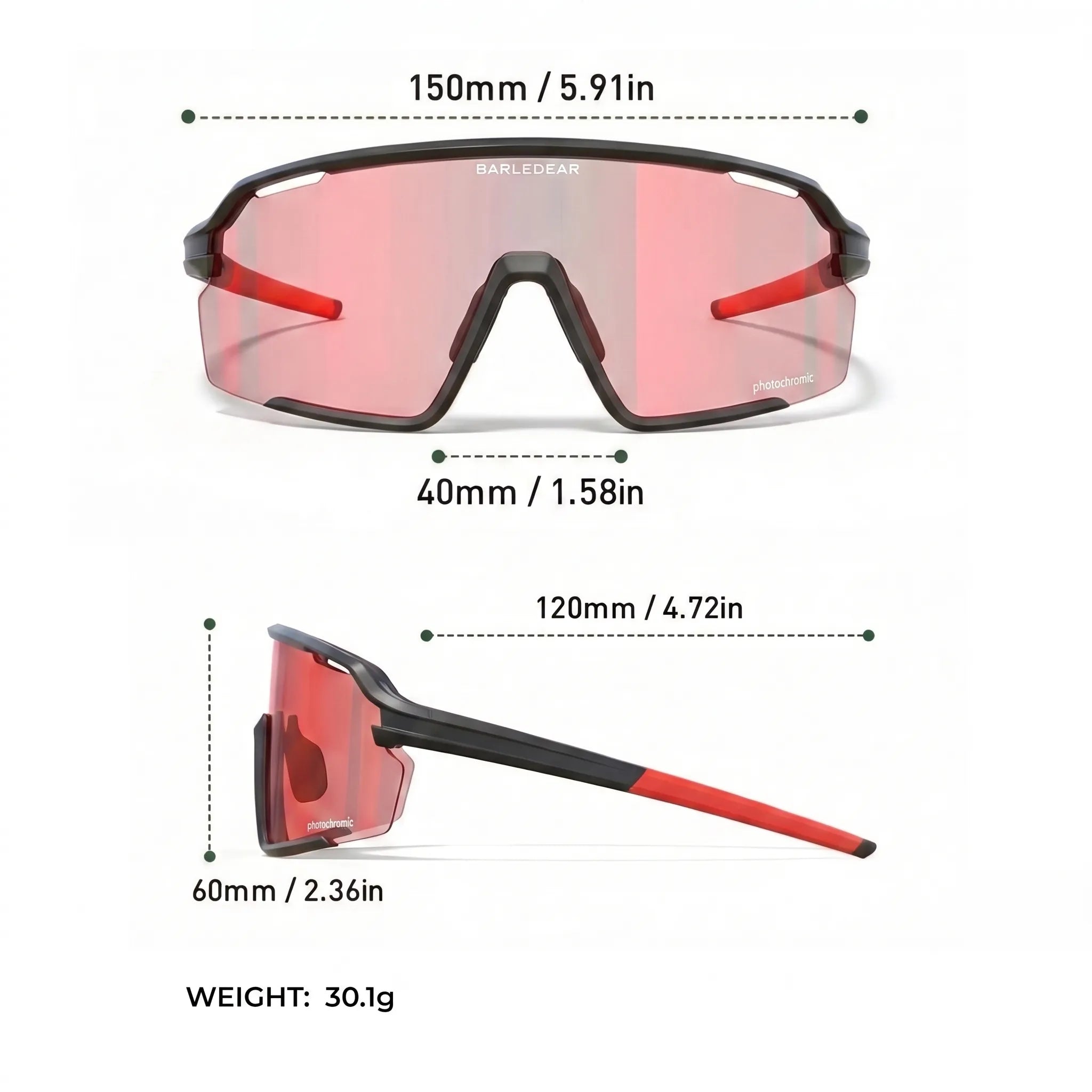 Barledear Solar Ember Red photochromic cycling glasses size chart showing 150 mm total width, 60 mm lens height, 40 mm nose opening, 120 mm temple length, and 30.1 g weight.