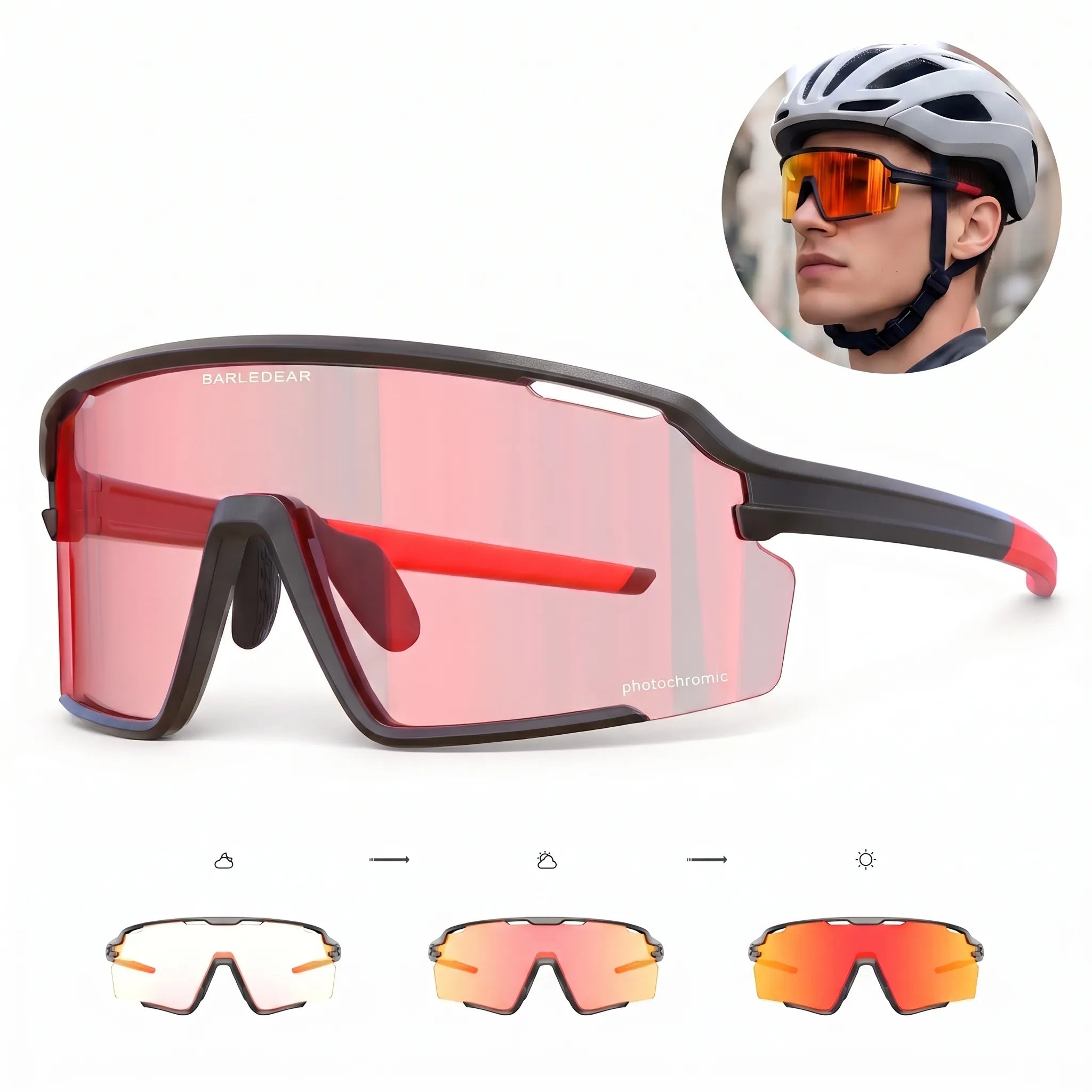 Barledear Solar Ember Red photochromic cycling lens tint comparison showing its lighter rose state and deeper red-orange state under stronger UV exposure.