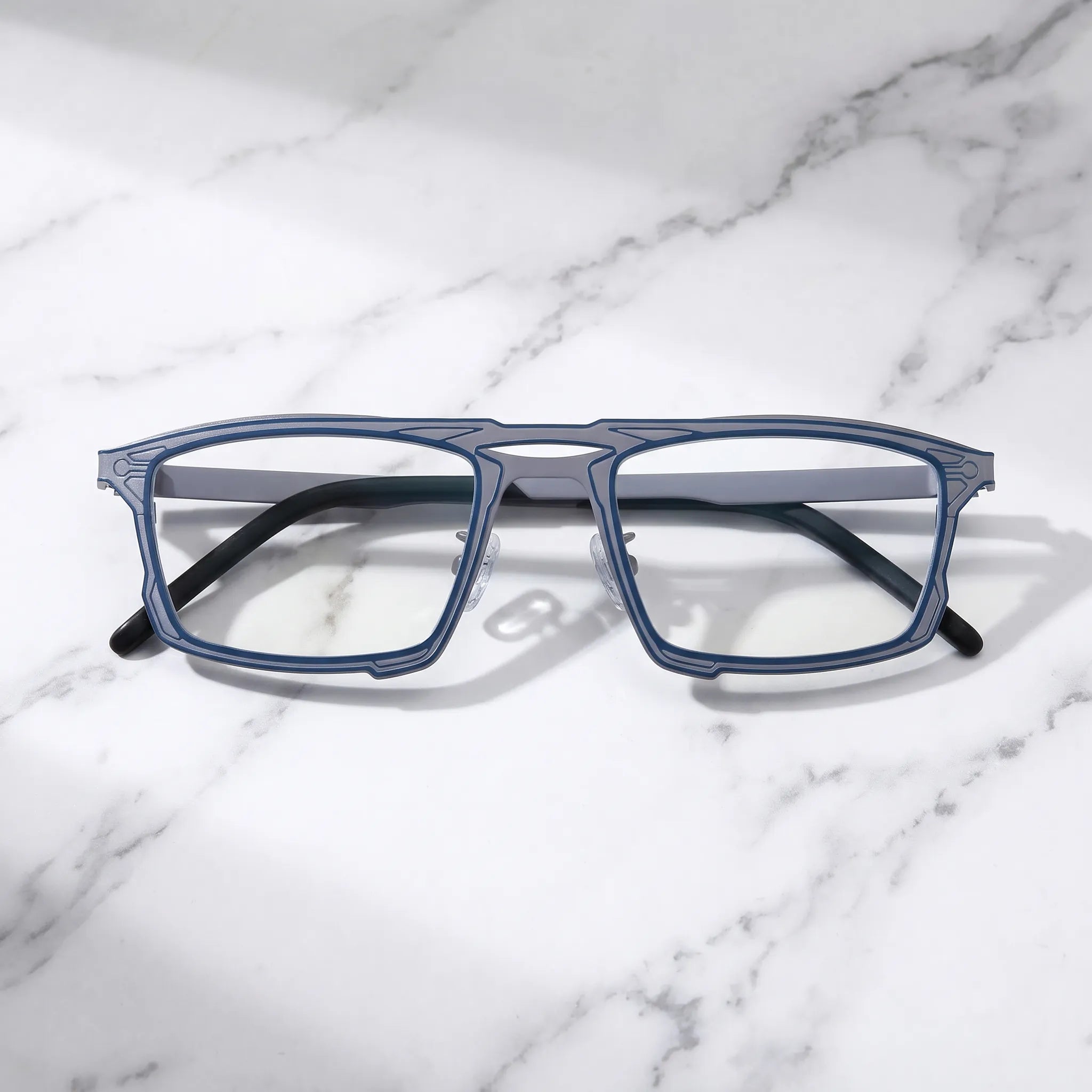Barledear Steel Blue Gray eyeglasses folded display showing slim titanium frame and temple design