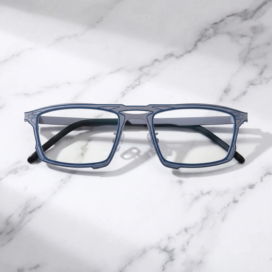 Barledear Steel Blue Gray eyeglasses folded display showing slim titanium frame and temple design