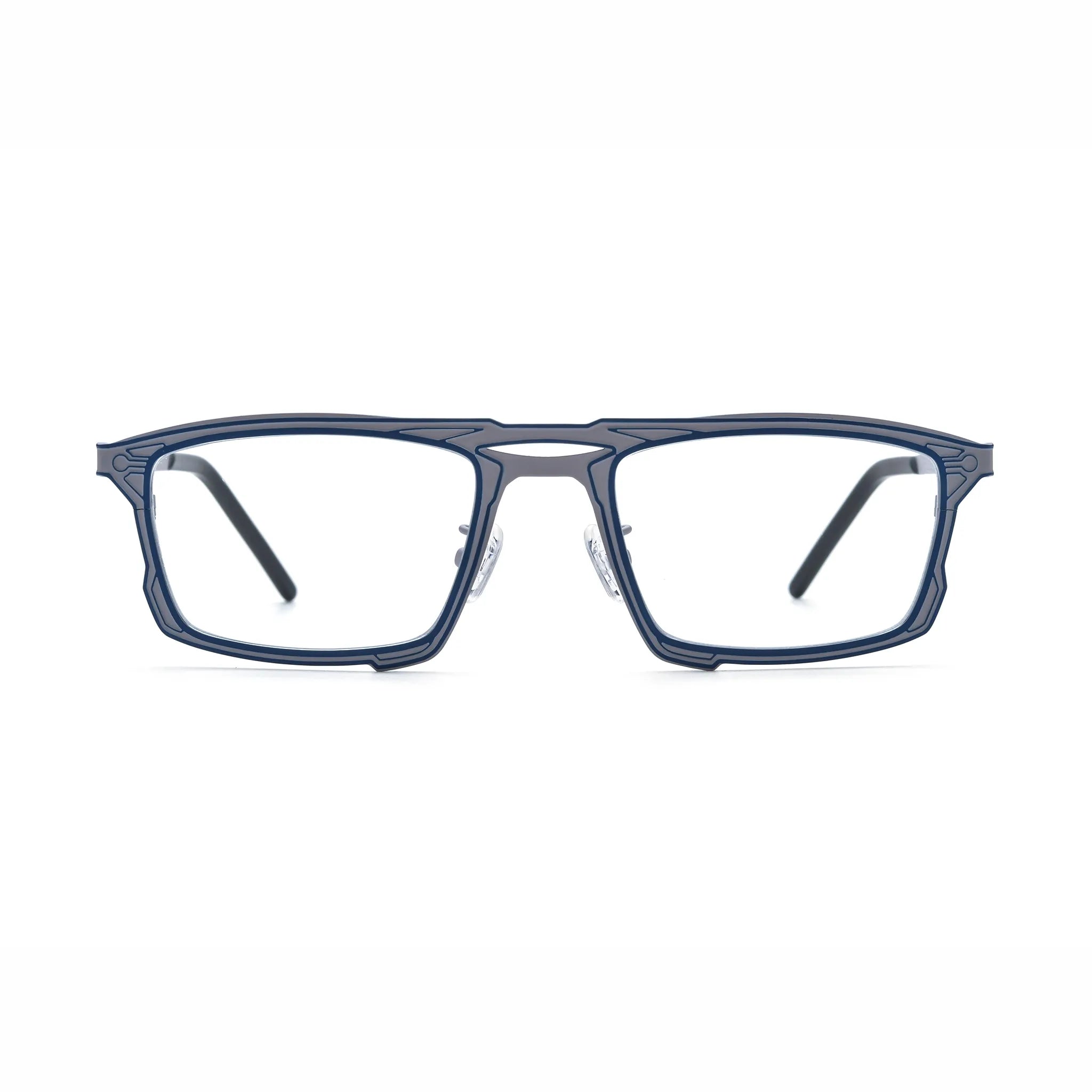 Barledear Steel Blue Gray eyeglasses front view with lightweight square pure titanium frame and futuristic geometric line detailing