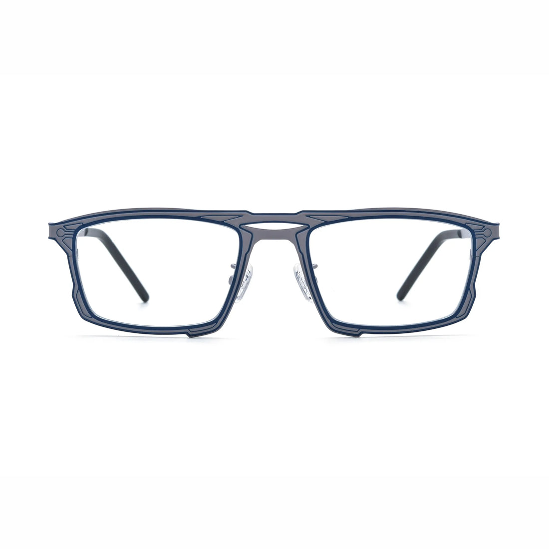 Barledear Steel Blue Gray eyeglasses front view with lightweight square pure titanium frame and futuristic geometric line detailing