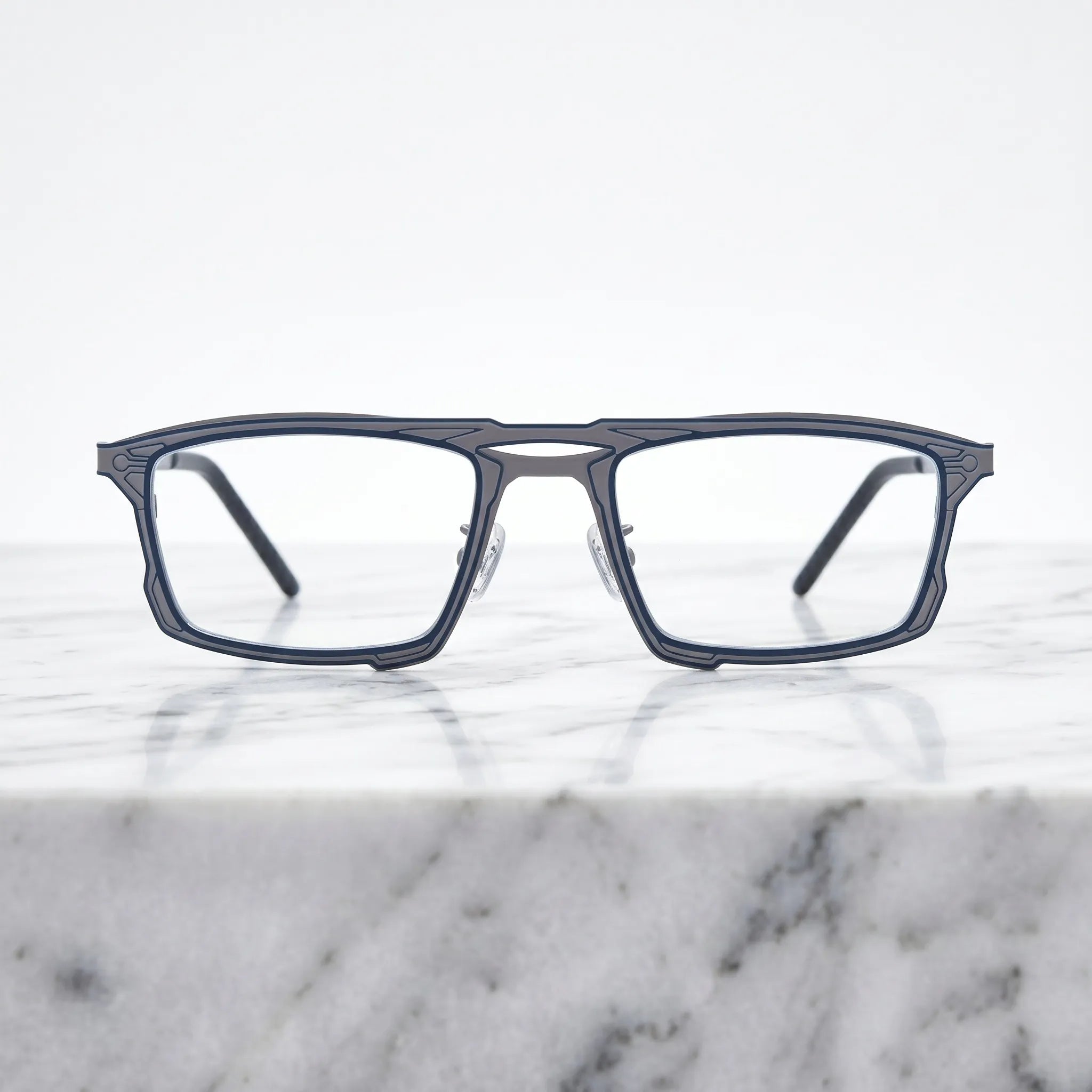 Barledear Steel Blue Gray eyeglasses shown in a clean lifestyle front view with modern square titanium frame styling