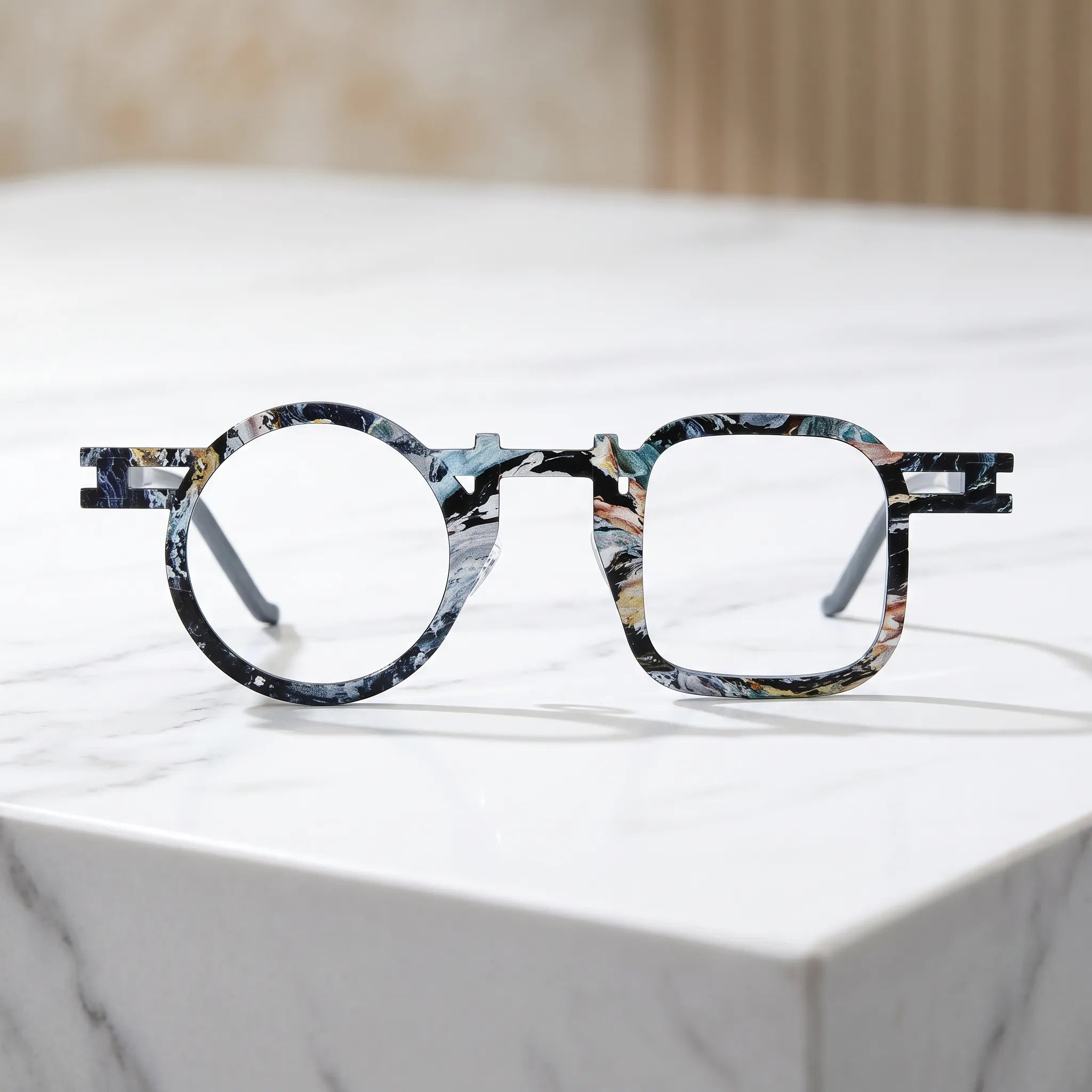 Barledear Storm Gray eyeglasses shown in a clean lifestyle front view with cool mosaic geometric frame detail