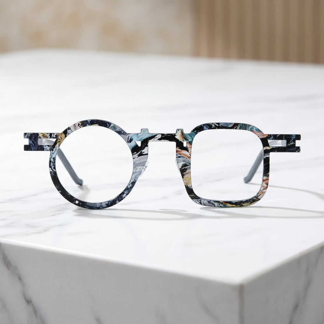 Barledear Storm Gray eyeglasses shown in a clean lifestyle front view with cool mosaic geometric frame detail