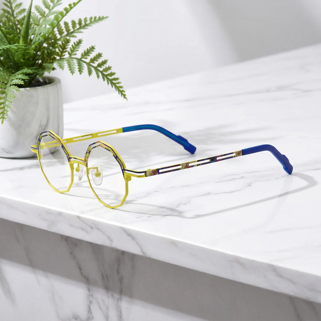 Barledear Sunlit Cobalt eyeglasses angled side view showing slim cutout temples and bridge detail