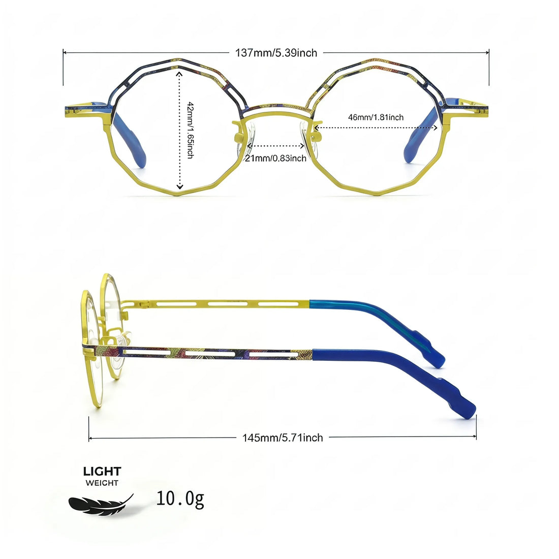Barledear Sunlit Cobalt eyeglasses size chart with 137mm frame width 46mm lens width 21mm bridge and 145mm temples