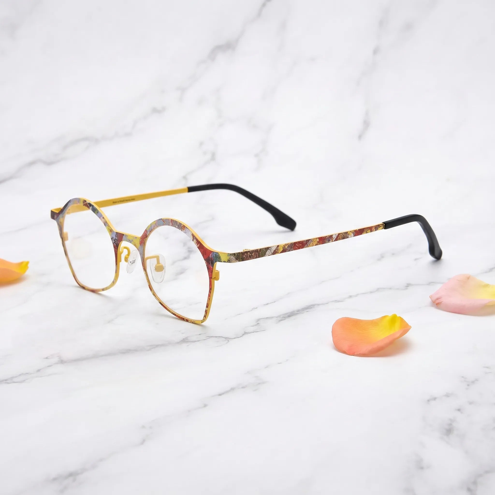 Barledear Sunlit Mosaic Yellow eyeglasses angled side view showing slim temples and adjustable nose pads