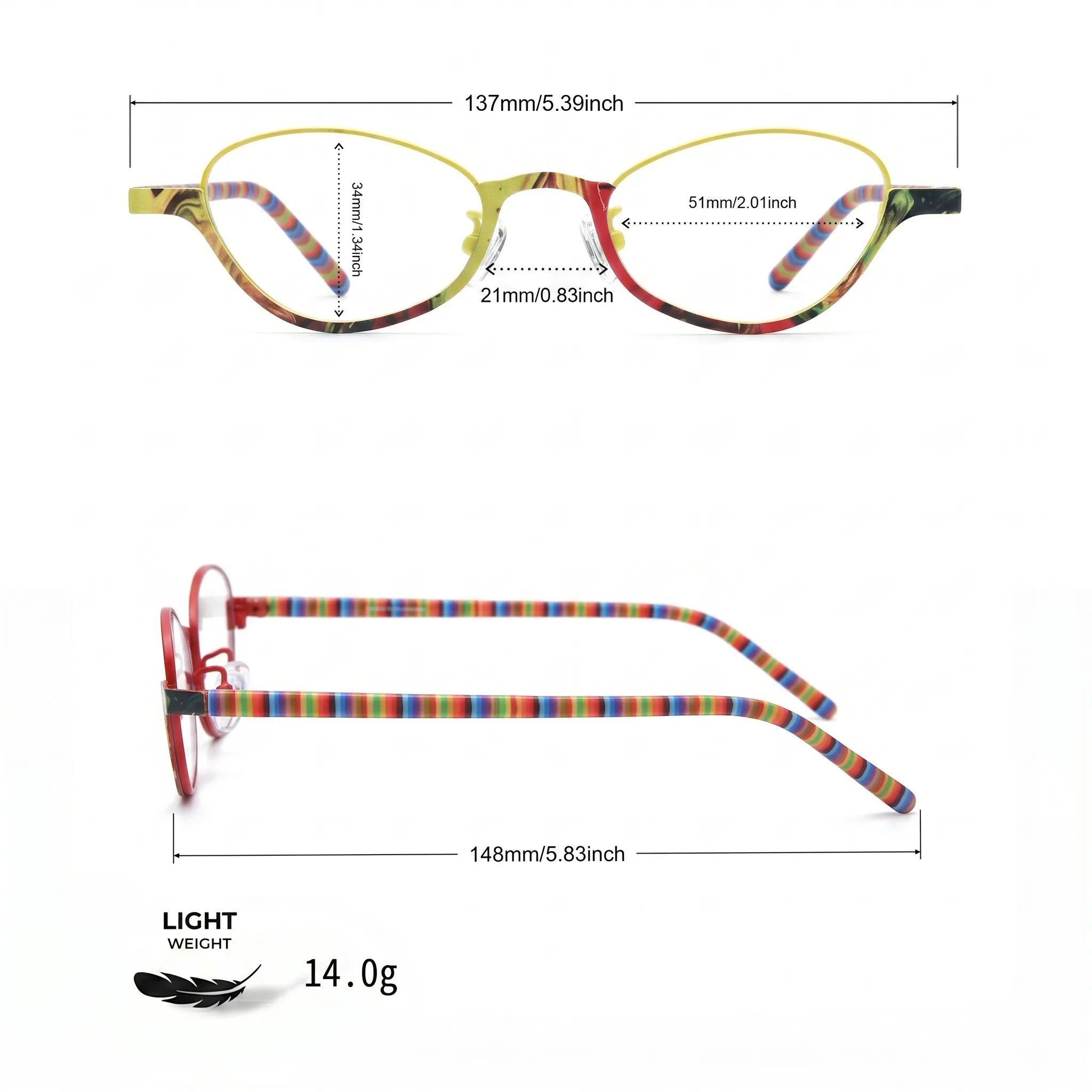 Barledear Sunshine Mosaic eyeglasses size chart with 137 mm frame width 51 mm lens width 34 mm lens height 21 mm bridge and 148 mm temple length