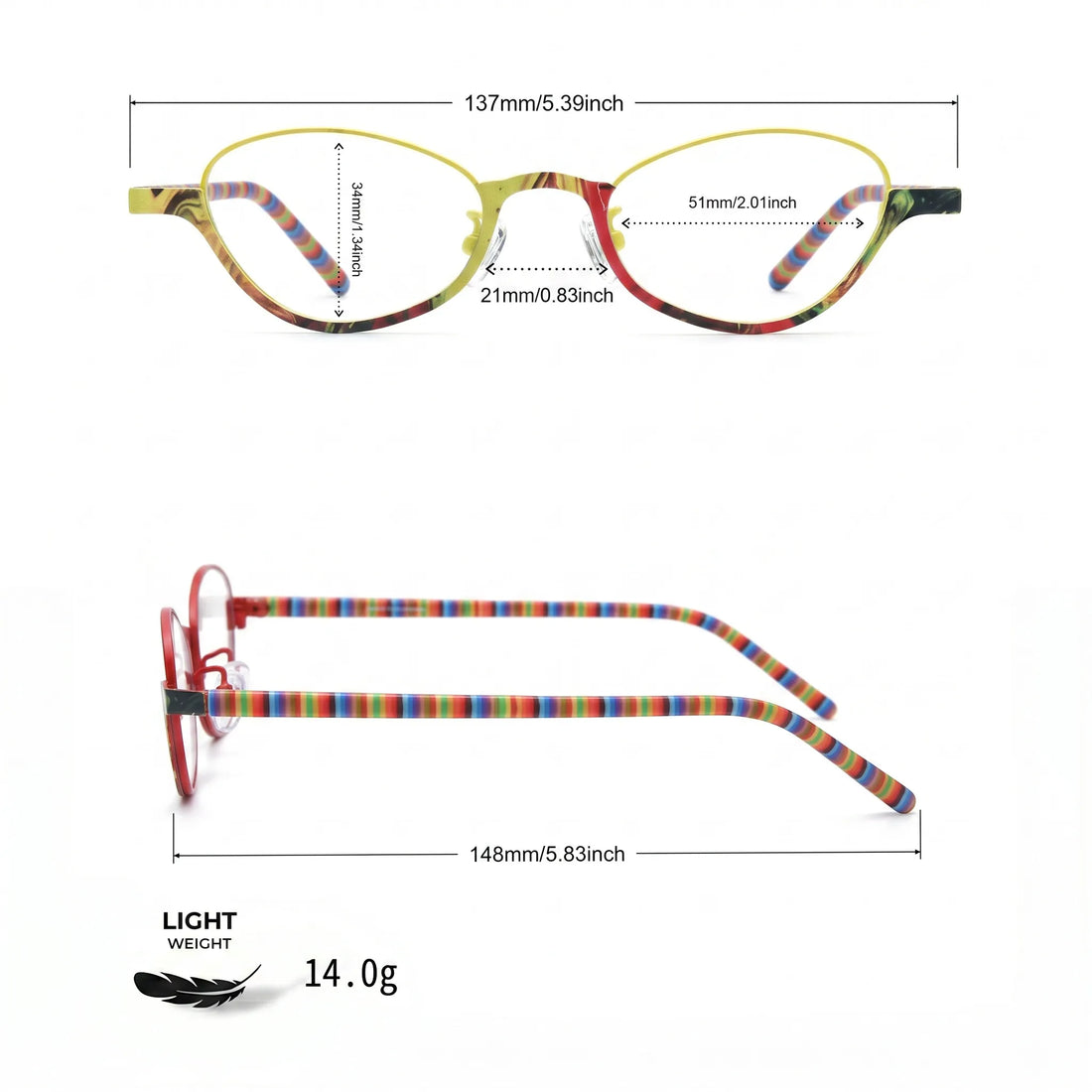 Barledear Sunshine Mosaic eyeglasses size chart with 137 mm frame width 51 mm lens width 34 mm lens height 21 mm bridge and 148 mm temple length