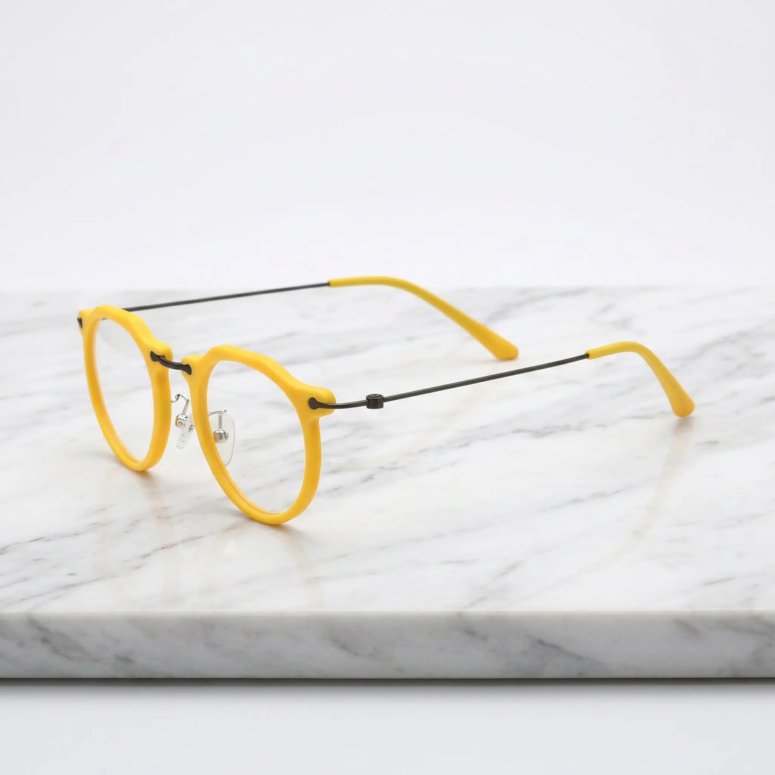 Barledear Sunshine Yellow eyeglasses angled side view showing slim wire temples adjustable nose pads and bridge detail