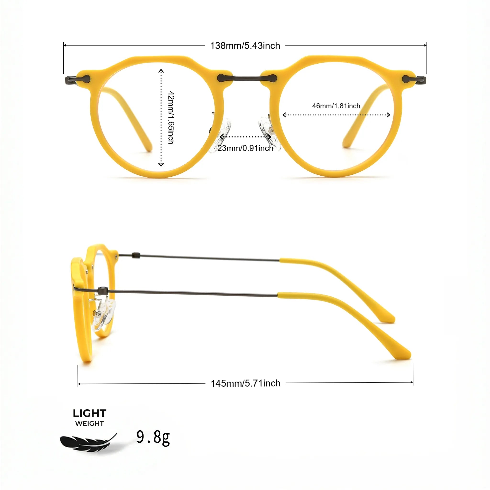 Barledear Sunshine Yellow eyeglasses size chart with 138mm frame width 46mm lens width 42mm lens height 23mm bridge and 145mm temple measurements