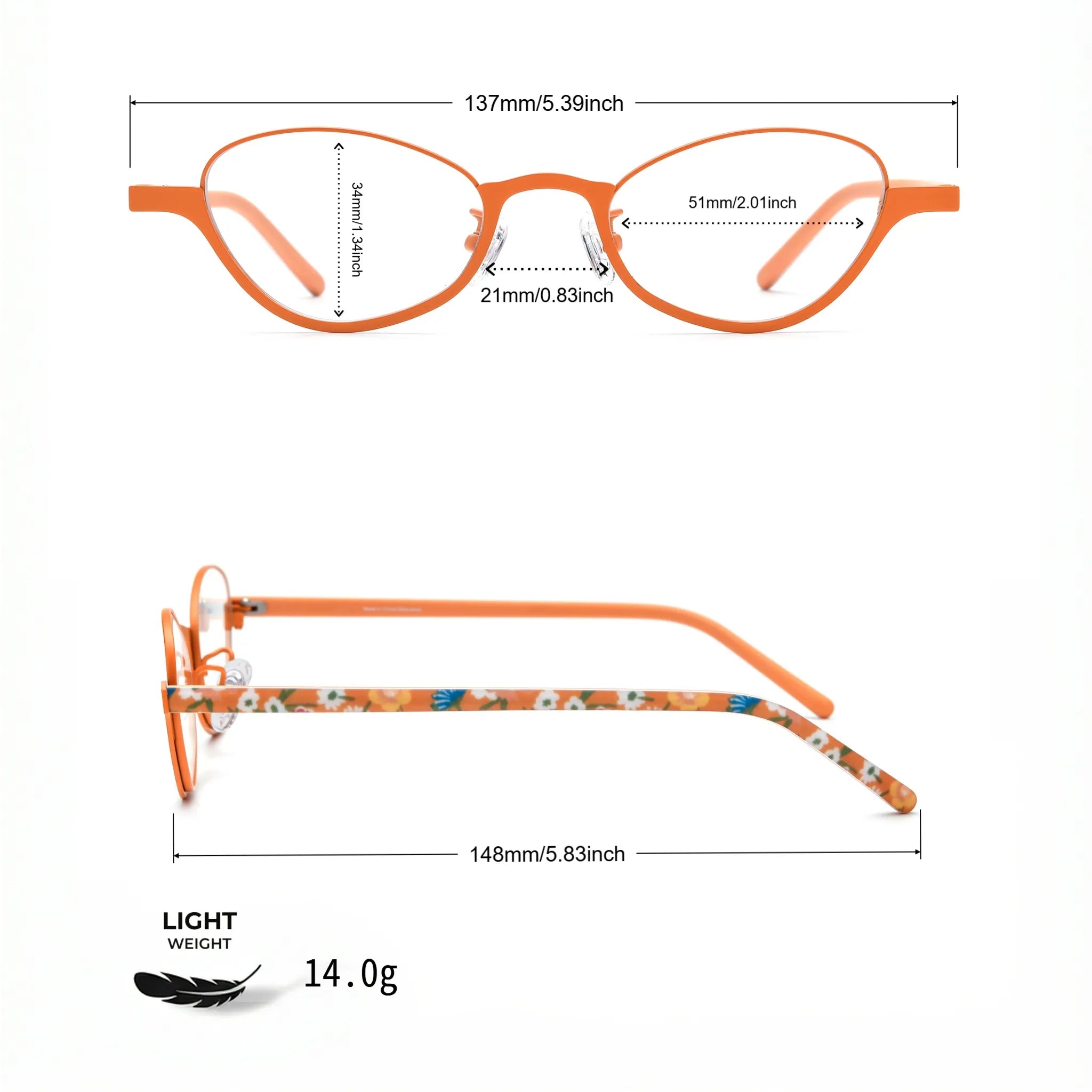 Barledear Tangerine Bloom eyeglasses size chart with 137 mm frame width 51 mm lens width 34 mm lens height 21 mm bridge and 148 mm temple length