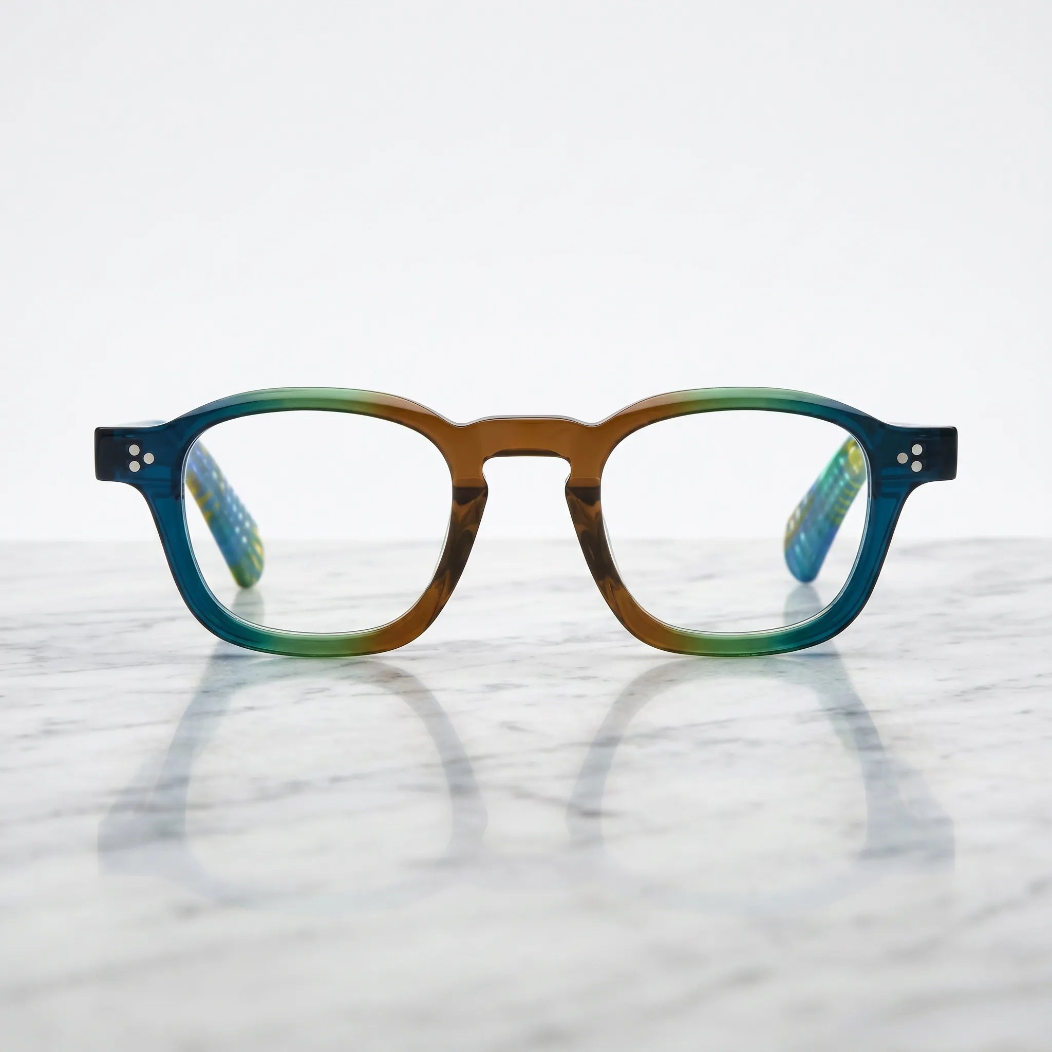 Barledear Teal Grove eyeglasses shown in a clean lifestyle front view with colorful square acetate styling