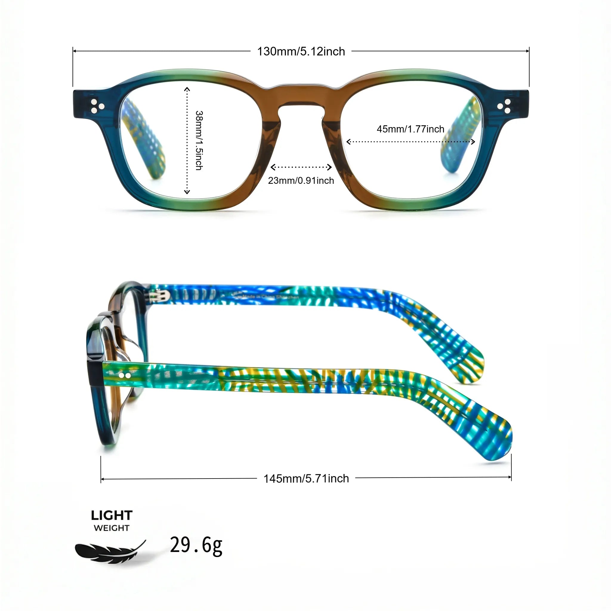 Barledear Teal Grove eyeglasses size chart with 130 mm frame width, 45 mm lens width, 38 mm lens height, 23 mm bridge, 145 mm temple length, and 29.6 g frame weight