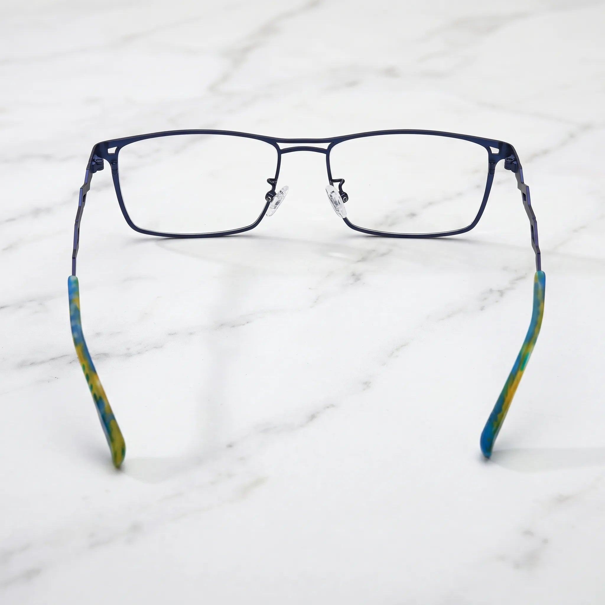 Barledear Titan Sky Blue eyeglasses back view showing full-rim frame structure, adjustable nose pads, and temple shape