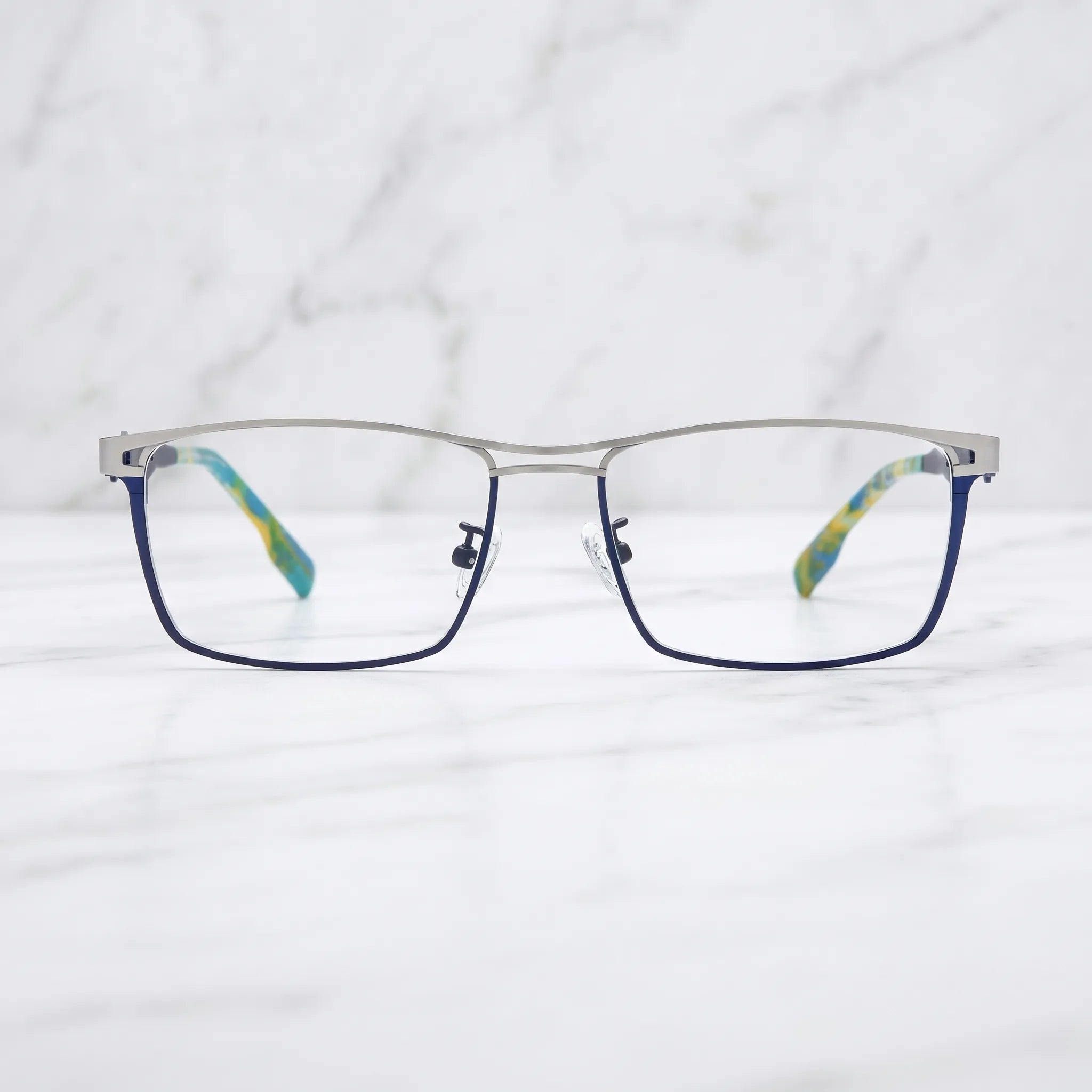 Barledear Titan Sky Blue eyeglasses shown in a clean lifestyle front view with modern titanium color-block styling