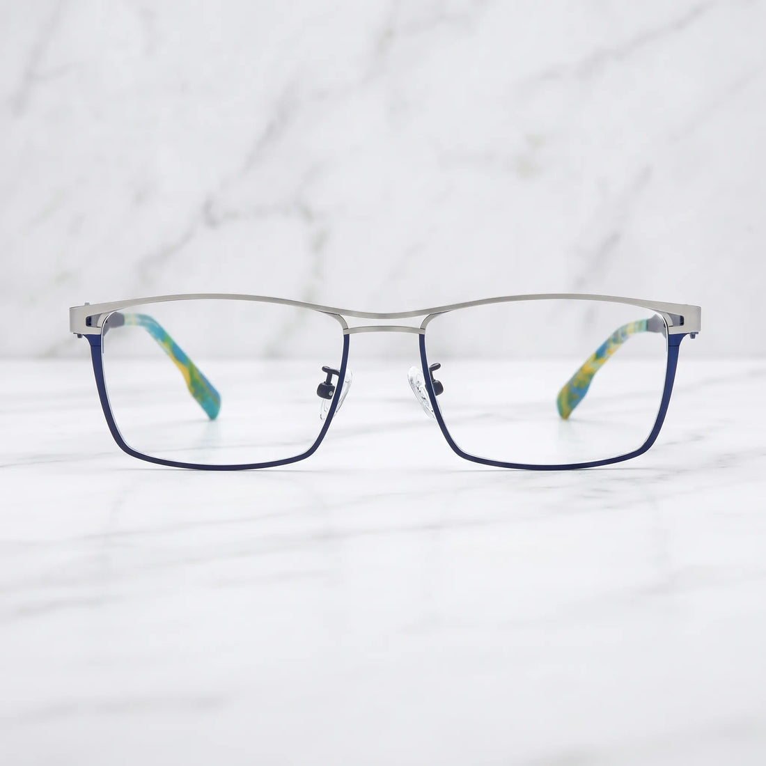 Barledear Titan Sky Blue eyeglasses shown in a clean lifestyle front view with modern titanium color-block styling