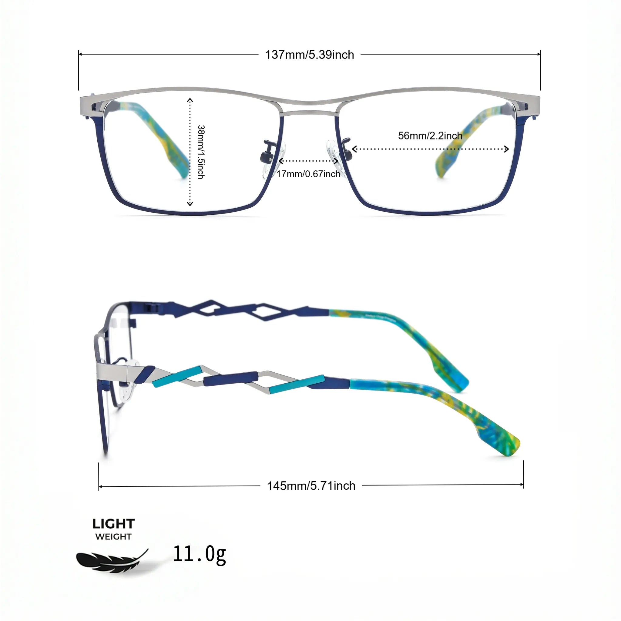 Barledear Titan Sky Blue eyeglasses size chart with 137 mm frame width, 56 mm lens width, 38 mm lens height, 17 mm bridge, and 145 mm temple