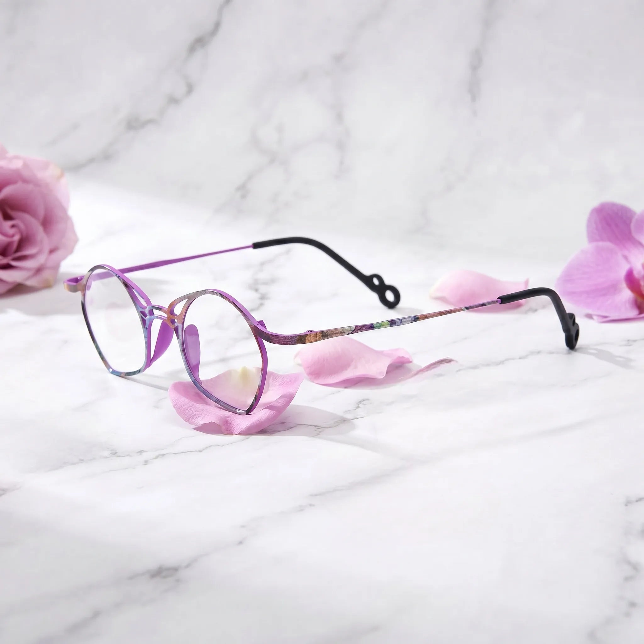 Barledear Violet Aura Purple eyeglasses angled side view showing slim temples and bridge detail