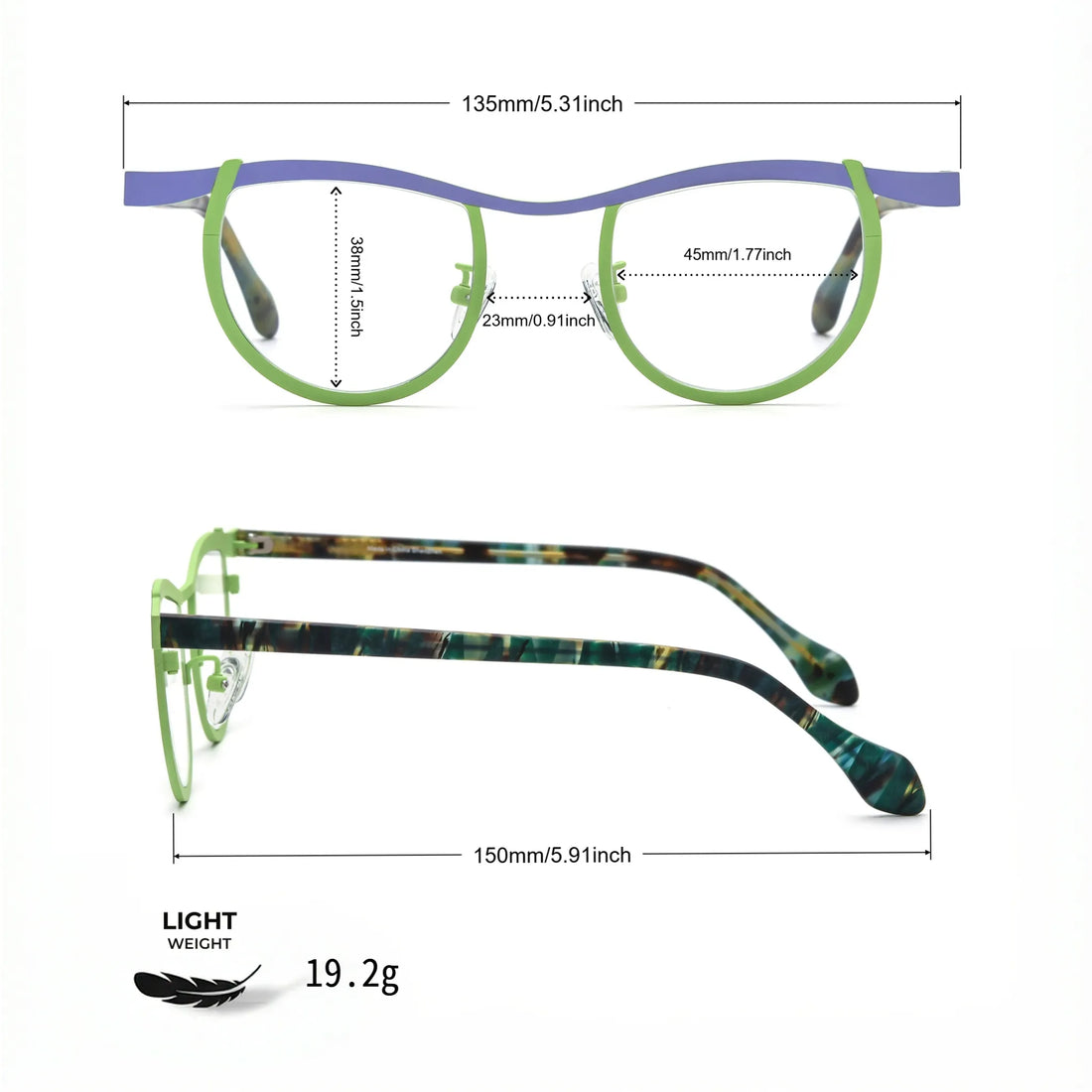 Barledear Violet Lime Tortoise eyeglasses size chart with frame width lens width bridge and temple measurements