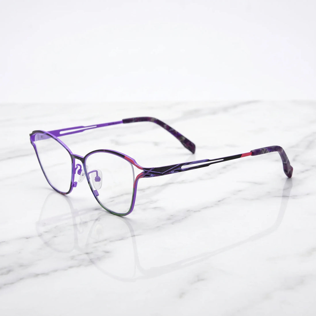 Barledear Violet Noir eyeglasses angled side view showing slim cutout temples and adjustable nose pads