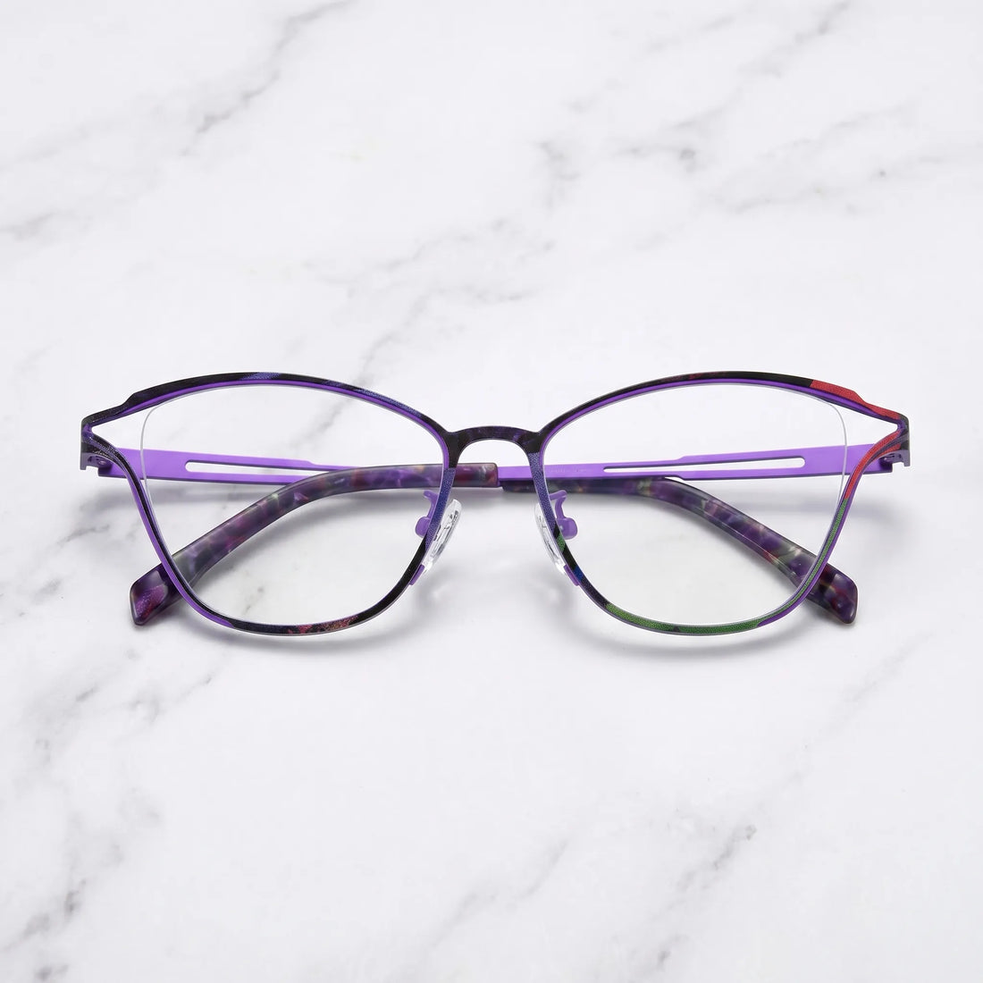 Barledear Violet Noir eyeglasses folded display showing slim titanium frame and patterned temple design
