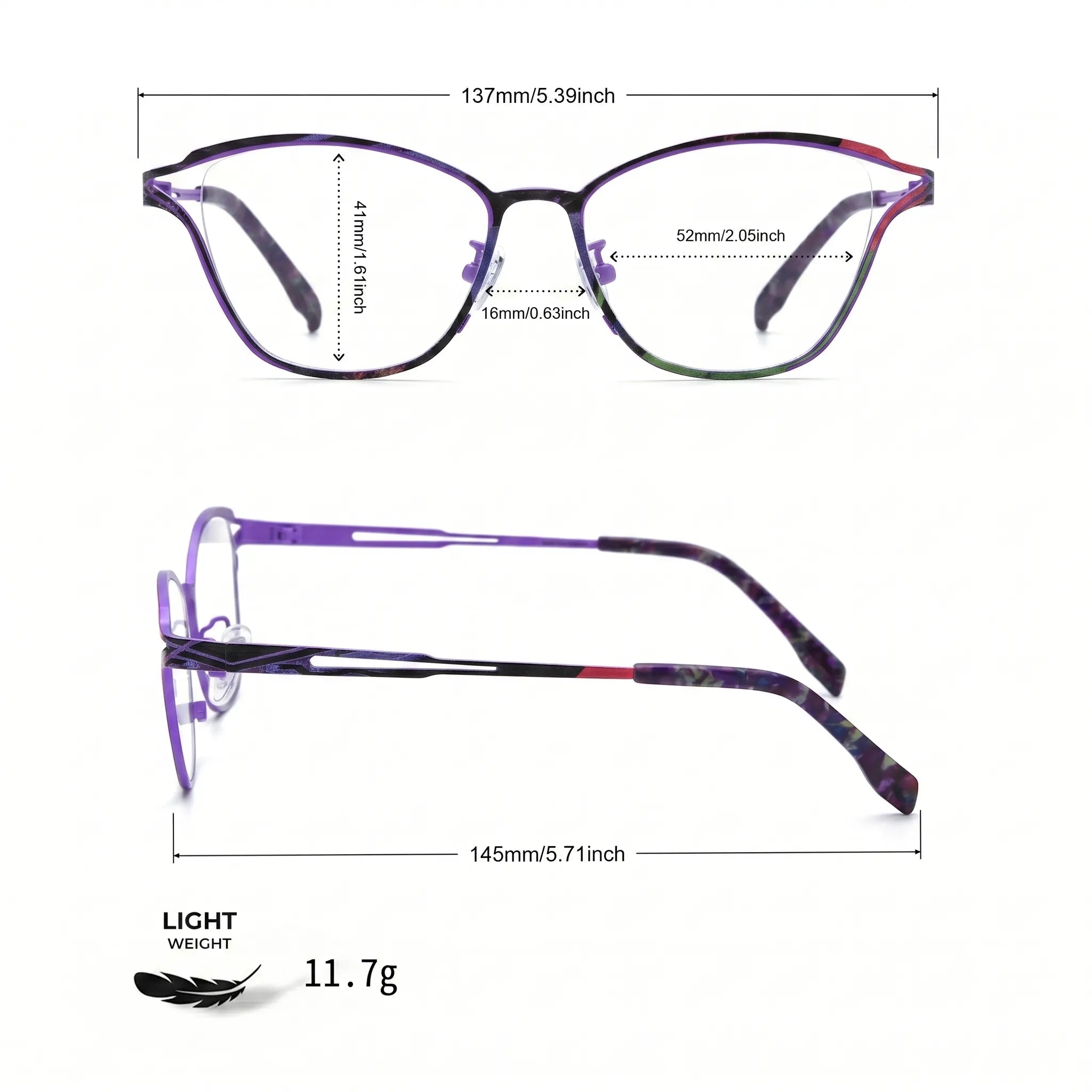 Barledear Violet Noir eyeglasses size chart with 137 mm frame width, 52 mm lens width, 41 mm lens height, 16 mm bridge, and 145 mm temple