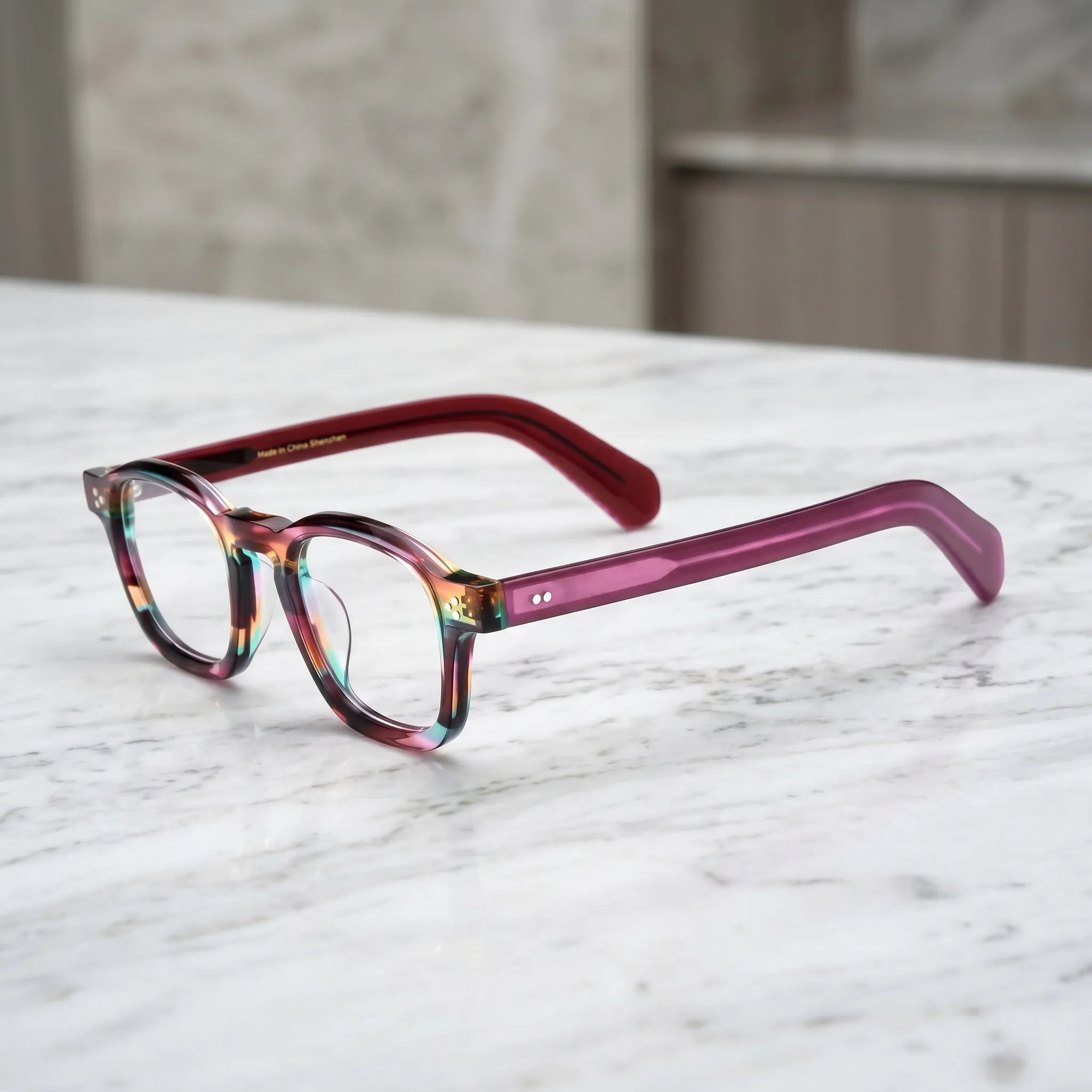 Barledear Violet Prism eyeglasses angled side view showing multicolor acetate front and bridge detail