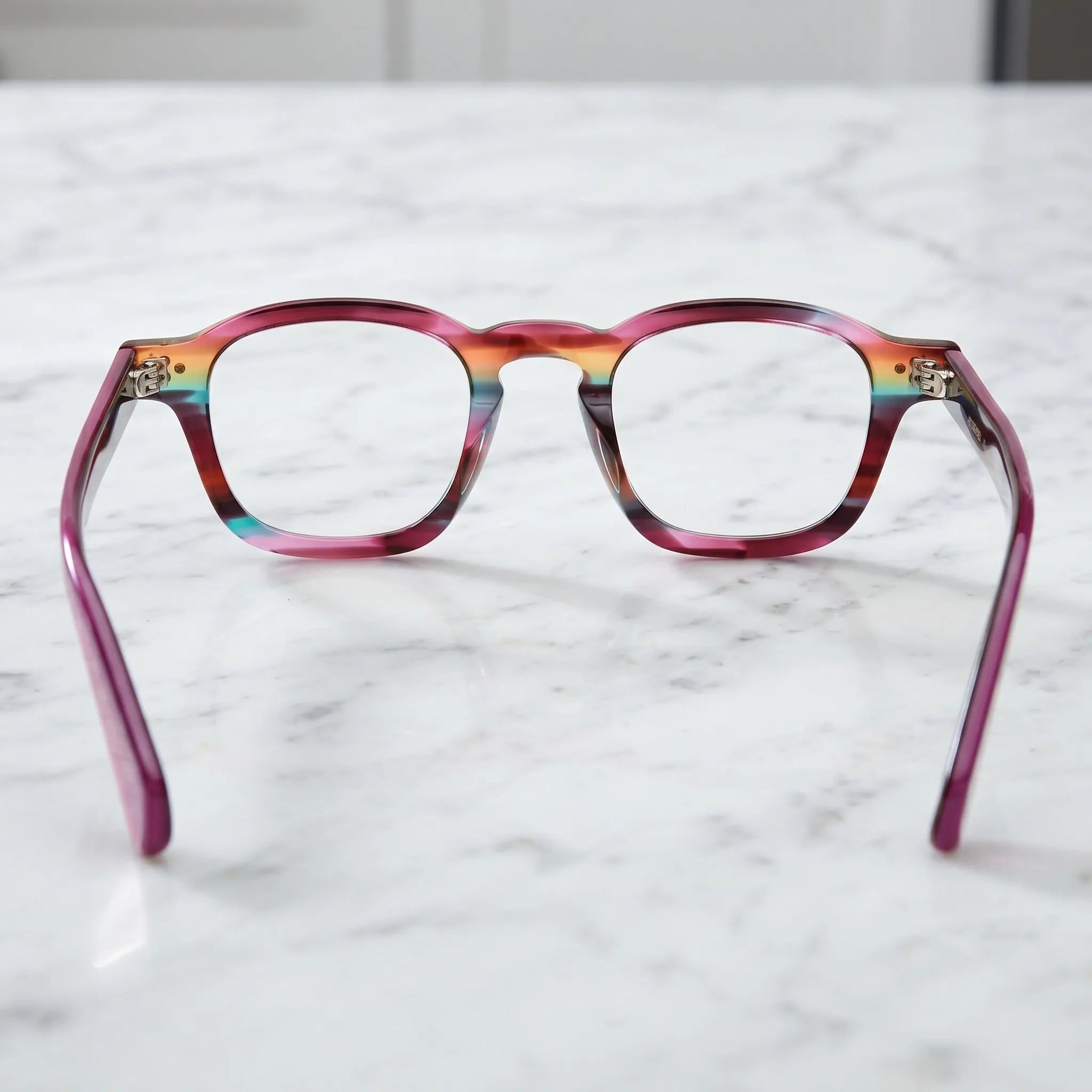 Barledear Violet Prism eyeglasses back view showing integrated nose pads, temple shape, and full-rim frame structure