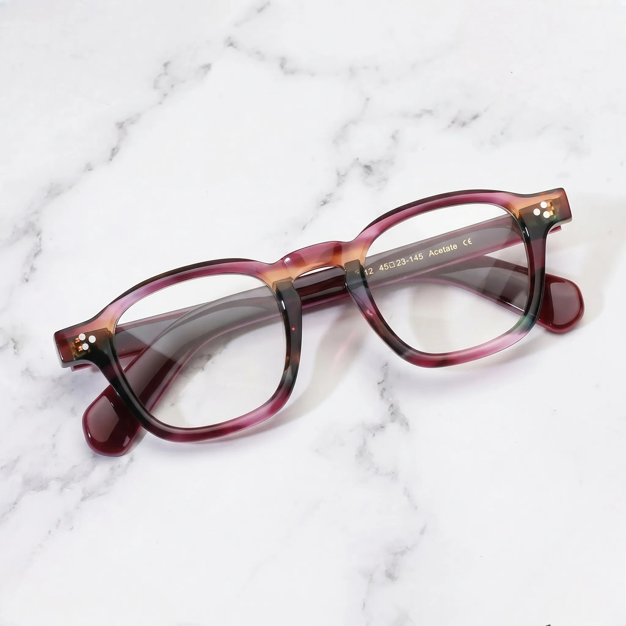 Barledear Violet Prism eyeglasses folded display showing full-rim acetate frame and patterned temple design