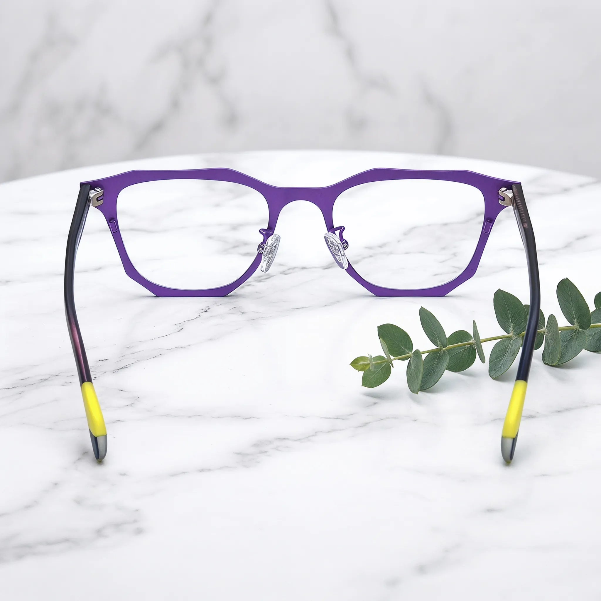 Barledear Violet Shadow eyeglasses back view showing temple shape, frame structure, and comfortable nose pad design