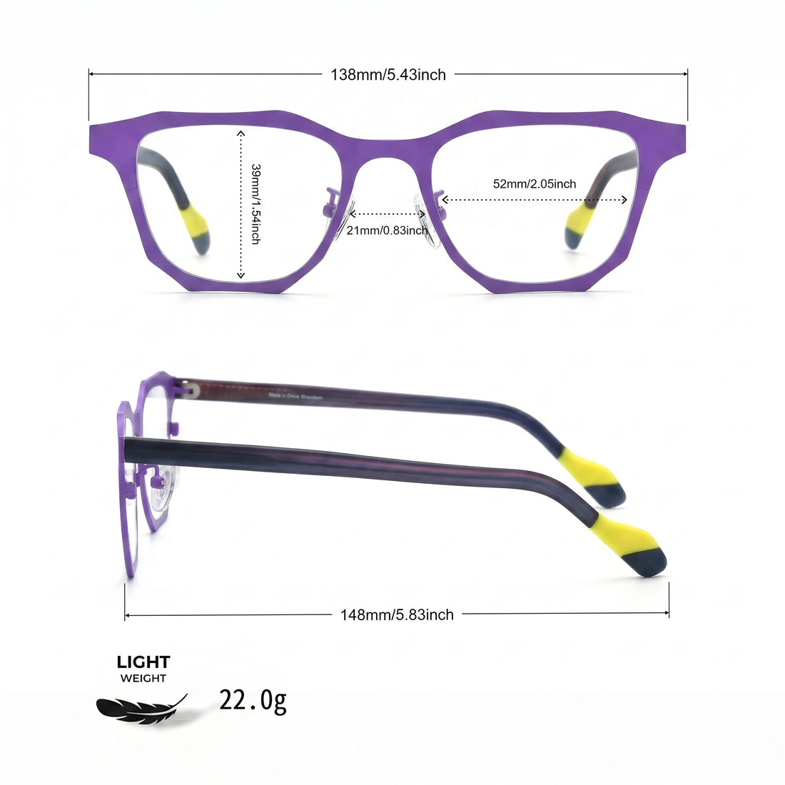 Barledear Violet Shadow eyeglasses size chart with 138mm frame width, 52mm lens width, 21mm bridge, and 148mm temple length
