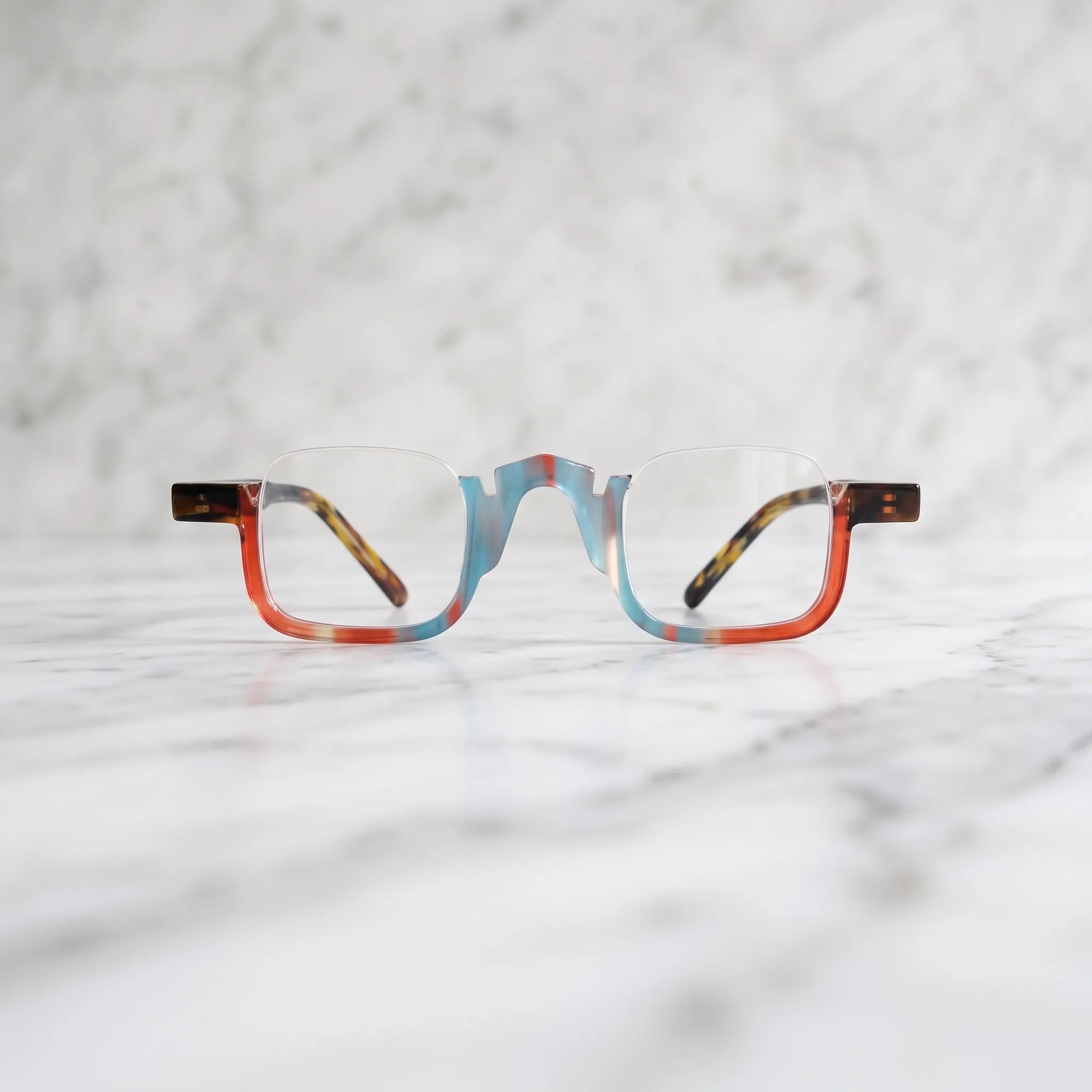 Front view of  VL19352 Crystal Blue Tortoise semi-rimless square eyeglasses featuring colorful acetate details and a modern prescription-ready optical frame