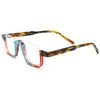 Side product view of  VL19352 Crystal Blue Tortoise square eyeglasses on a white background, showing acetate temples and semi-rimless frame details