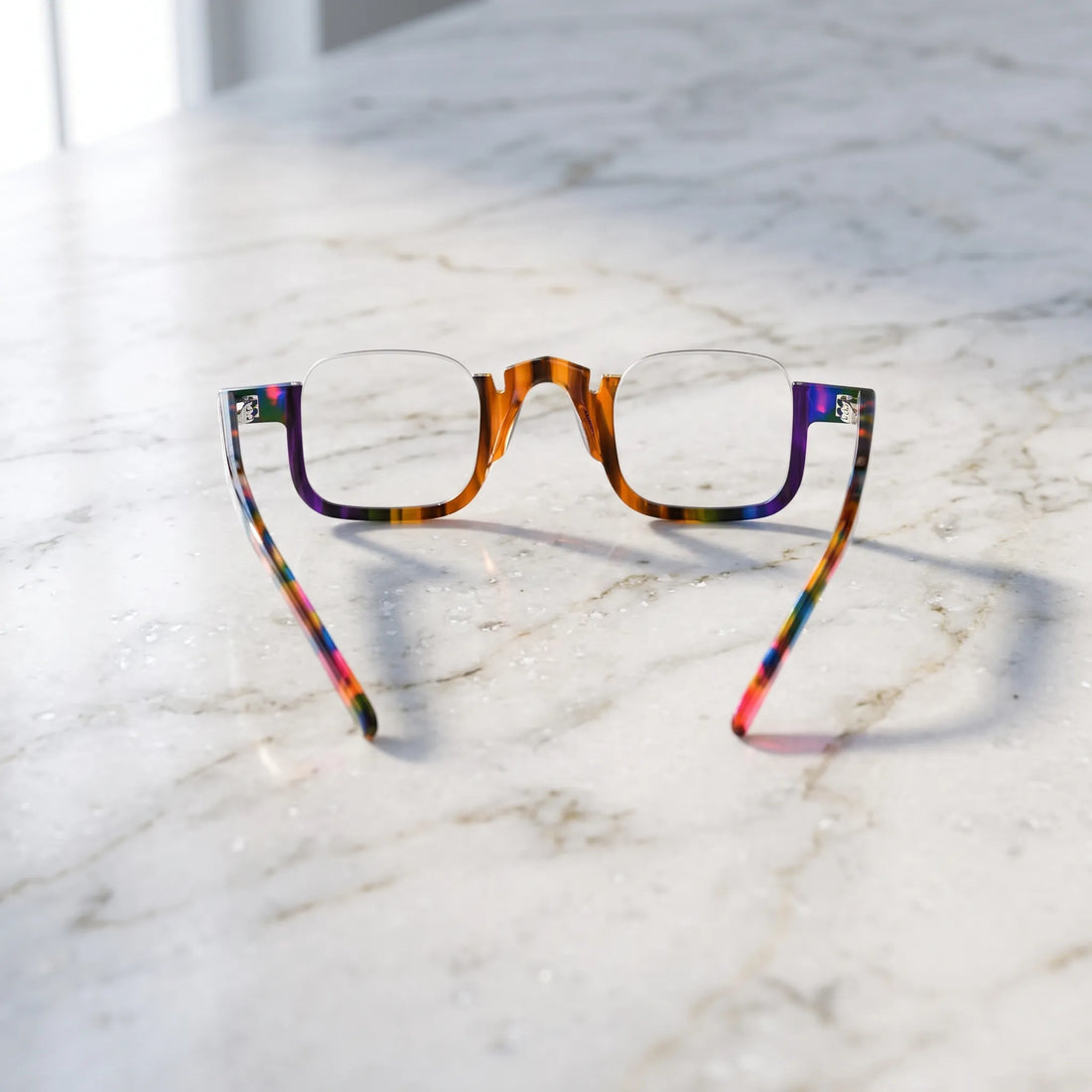 Back view of  VL19352 Colorful Tortoise square eyeglasses showing the semi-rimless construction, integrated nose bridge and patterned acetate temples