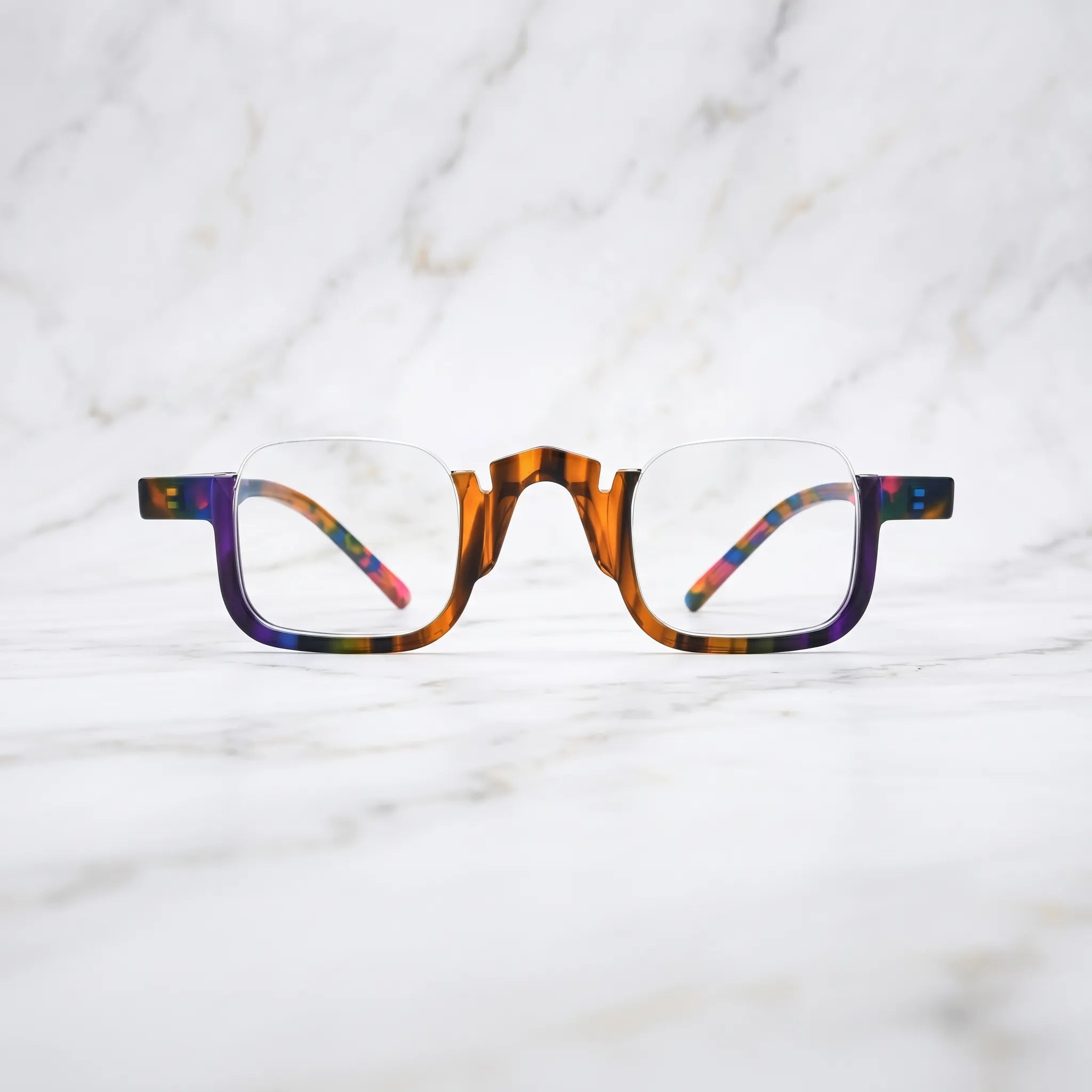 Front view of  VL19352 Colorful Tortoise semi-rimless square eyeglasses featuring multicolor tortoise acetate and a distinctive prescription-ready optical frame