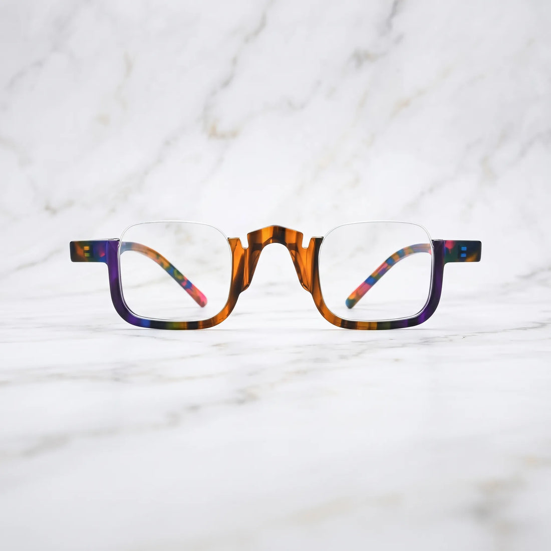 Front view of  VL19352 Colorful Tortoise semi-rimless square eyeglasses featuring multicolor tortoise acetate and a distinctive prescription-ready optical frame