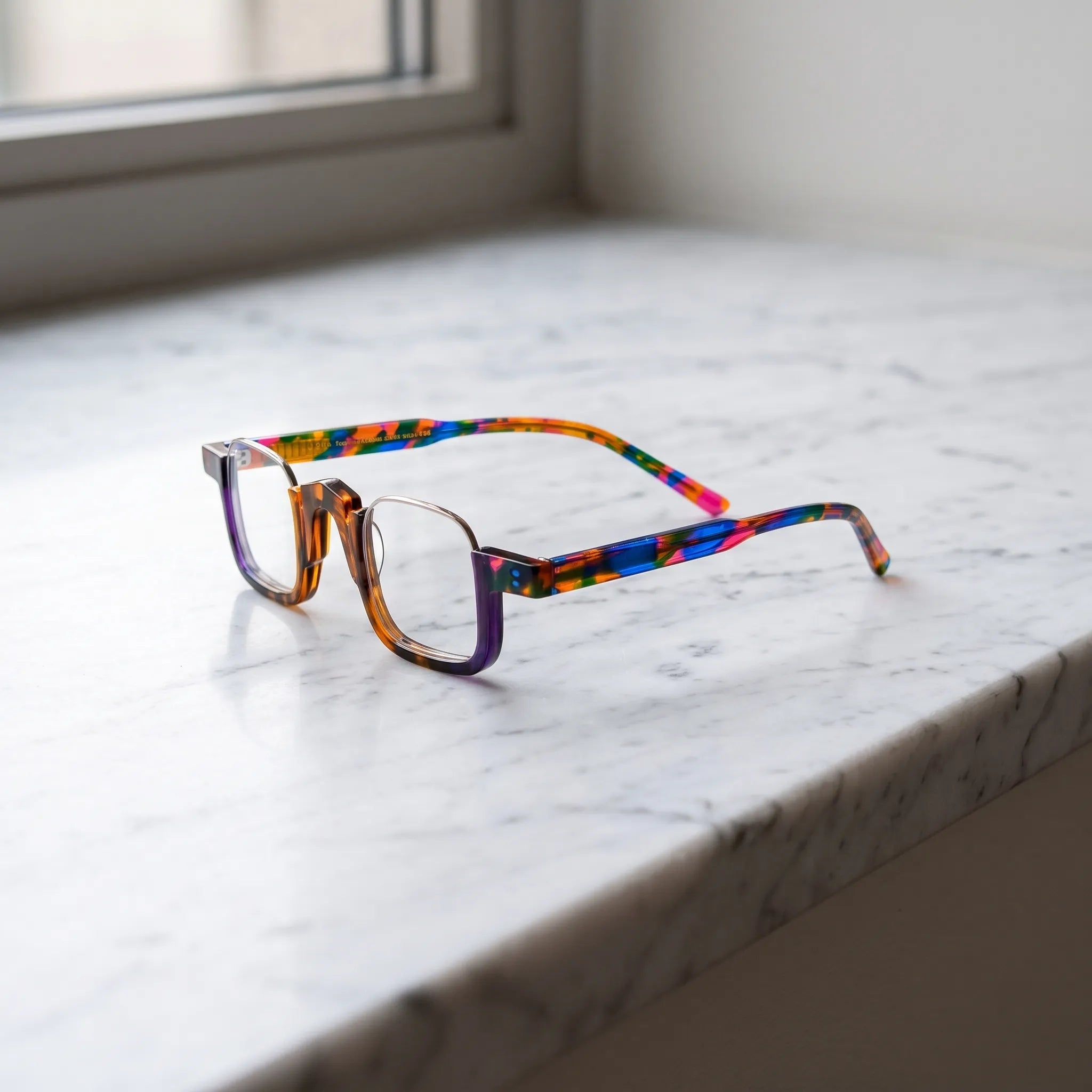 Side view of  VL19352 Colorful Tortoise square glasses highlighting the multicolor acetate pattern, wide temples and modern semi-rimless design