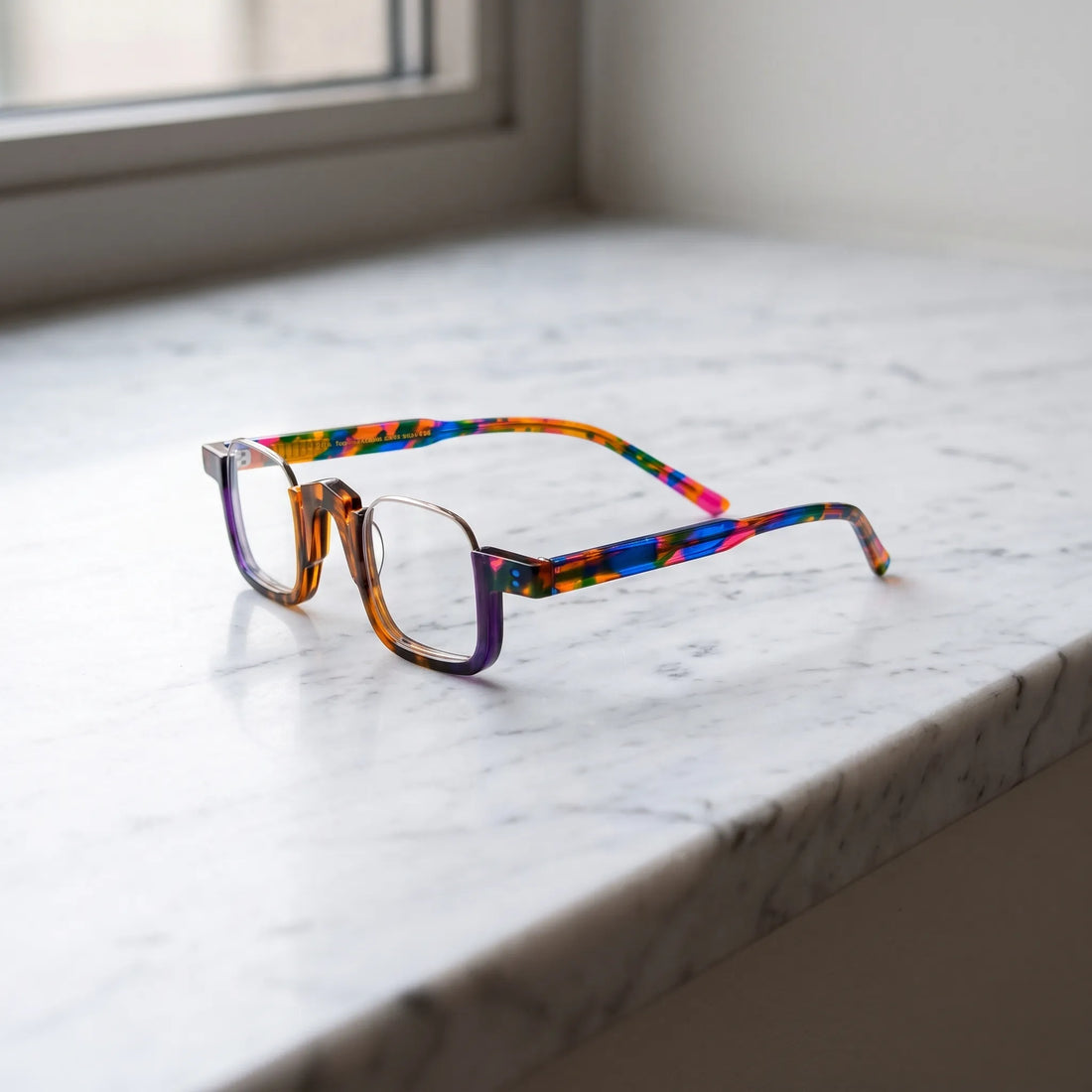 Side view of  VL19352 Colorful Tortoise square glasses highlighting the multicolor acetate pattern, wide temples and modern semi-rimless design