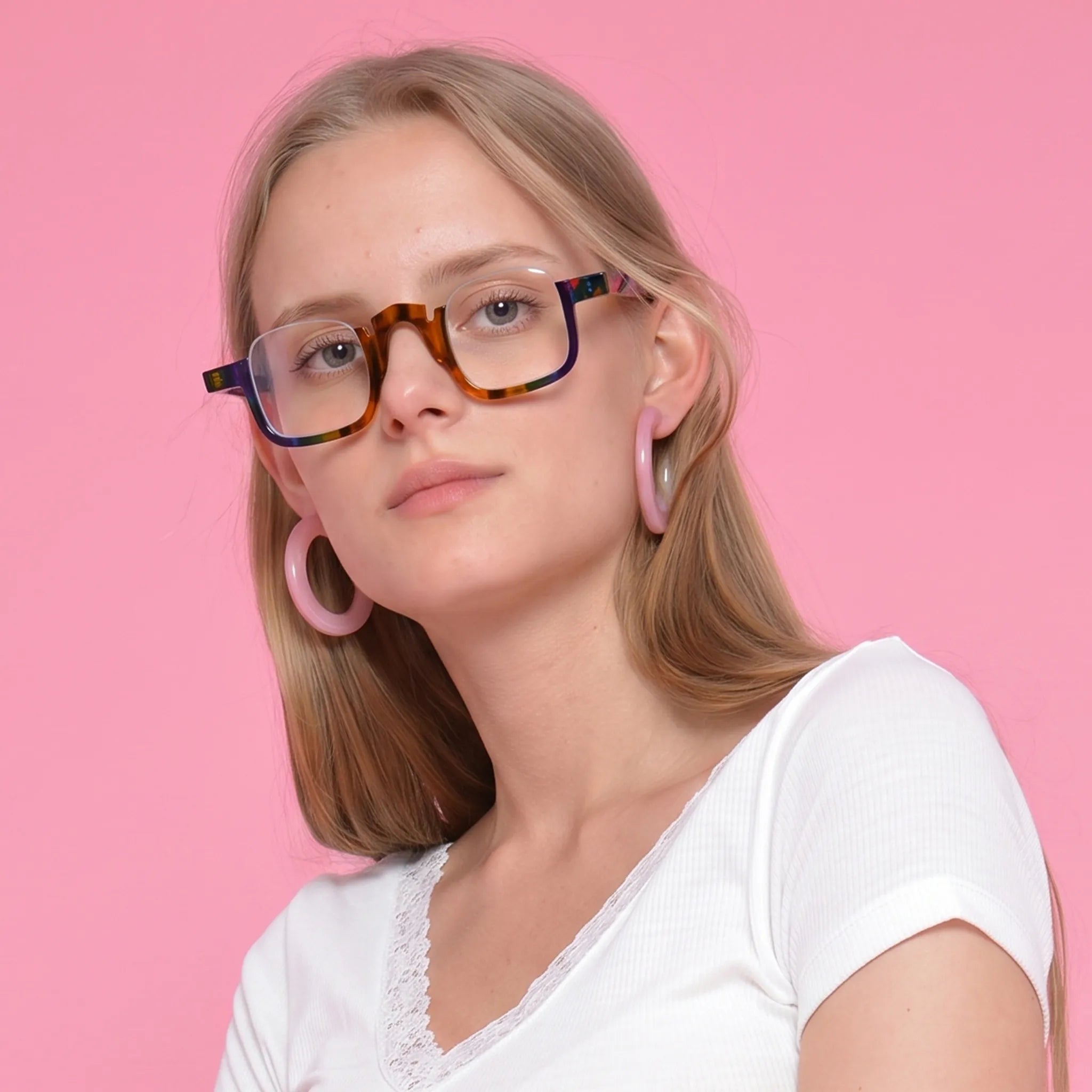 Model wearing  VL19352 Colorful Tortoise semi-rimless square eyeglasses, showing the fit and bold multicolor acetate optical frame