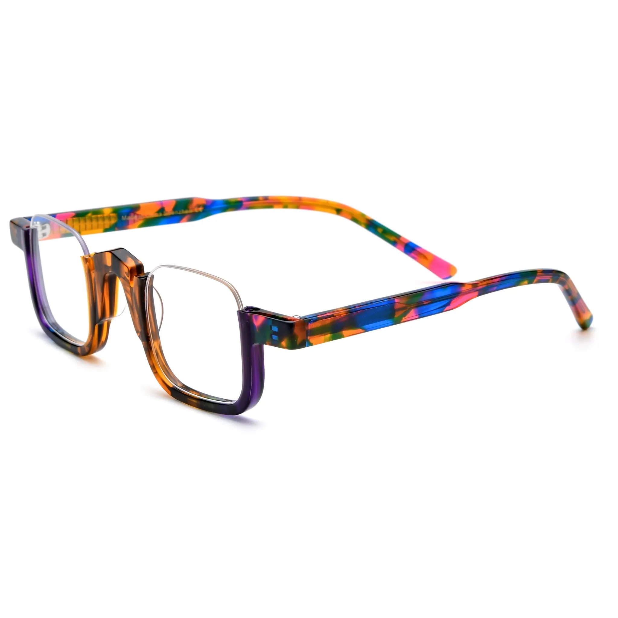 Side product view of  VL19352 Colorful Tortoise square eyeglasses on a white background, highlighting the patterned acetate temples and semi-rimless frame
